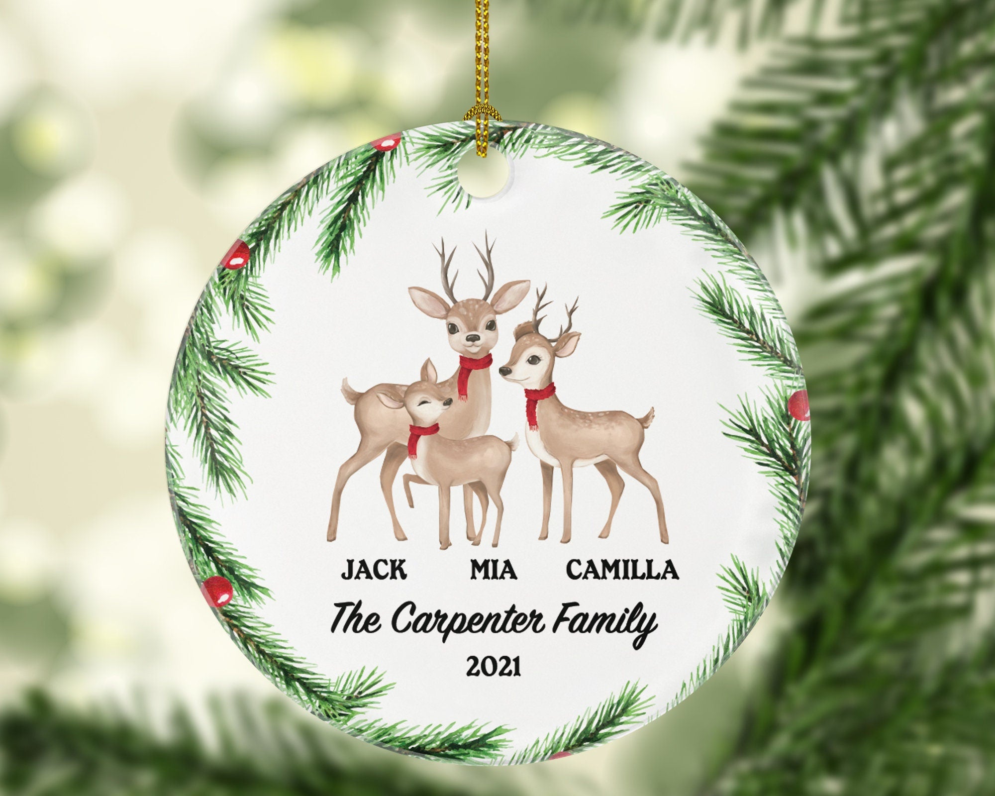 First Christmas as a Family of 3 Ornament - Deer Family New Baby Girl Boy Parents Mother Father Mom Dad Gift Kid Child