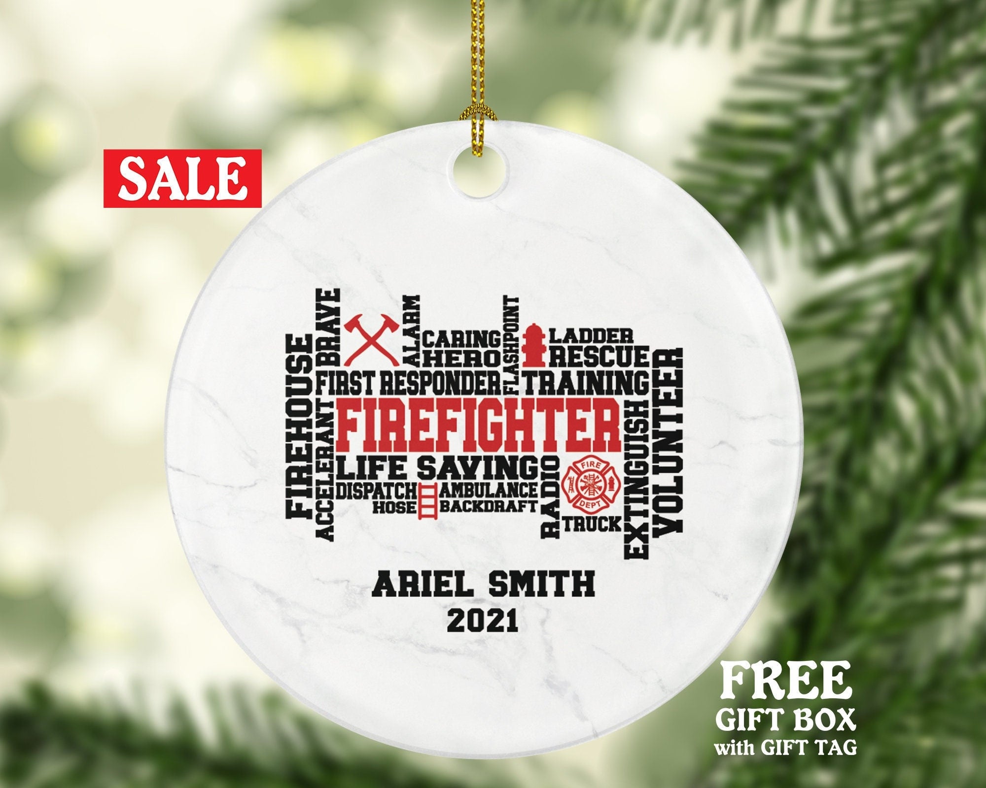 Firefighter Wordart Christmas Ornament Personalized - First Responder Custom Firefighter Thank You Gift Prayer for Firefighter Fireman