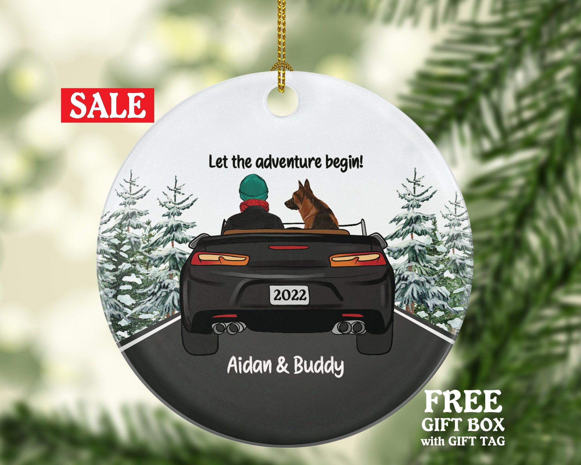 Dog and Driver Male in Convertible Car Personalized Christmas Ornament New Driving Custom Pet Lover Owner Women Gift Fur Holiday Rescue