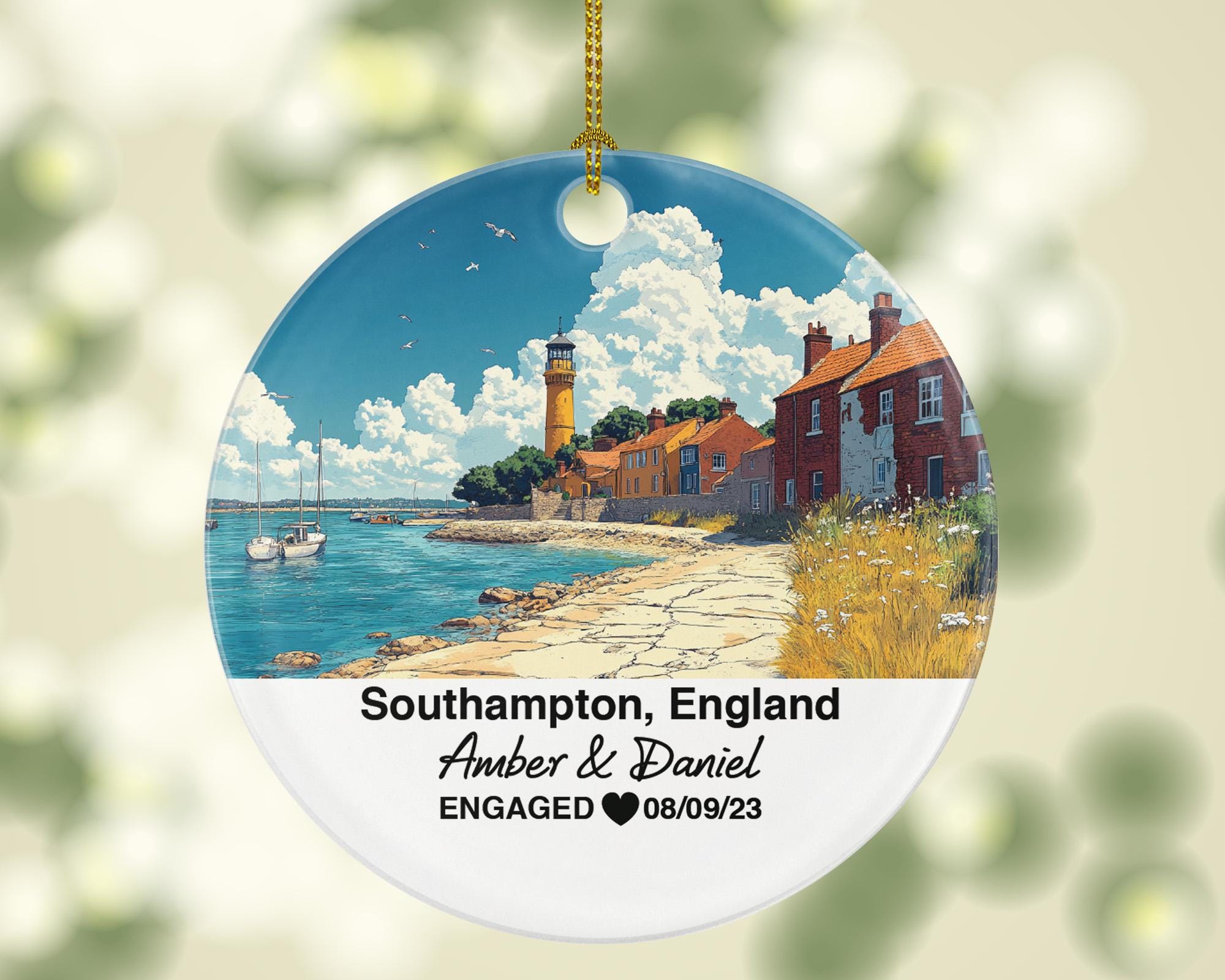Southampton England Round Ceramic Christmas Ornament – Personalized United Kingdom Keepsake, Custom Couple Gift for Wedding or Honeymoon