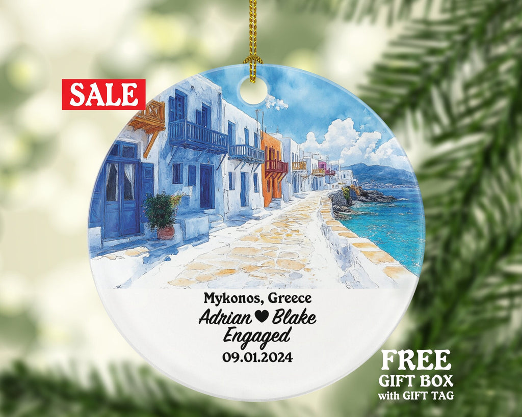 Mykonos Christmas Ornament Personalized - Greece Engaged Married Family Together Couple Travel Honeymoon Engagement Marriage