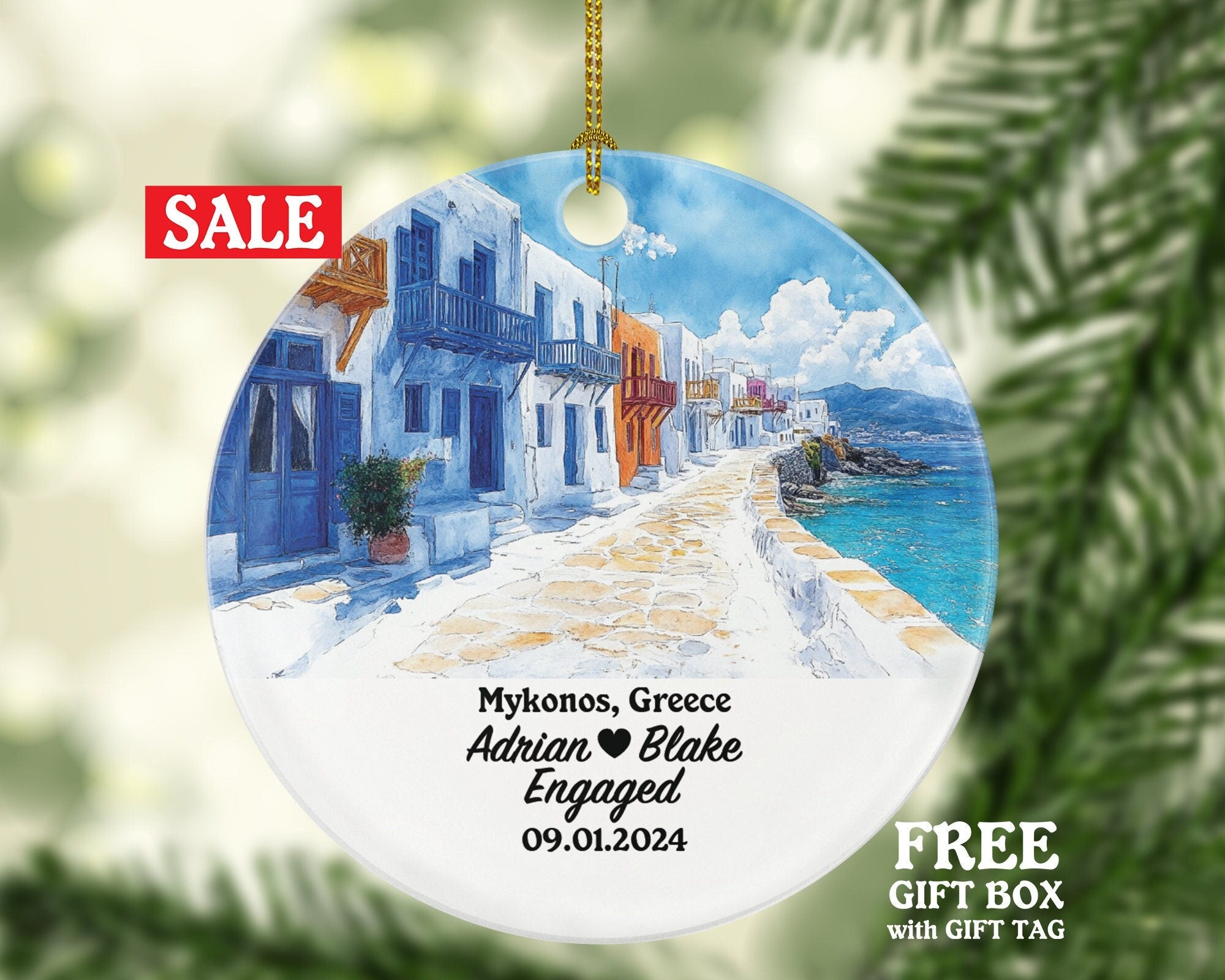 Mykonos Christmas Ornament Personalized - Greece Engaged Married Family Together Couple Travel Honeymoon Engagement Marriage