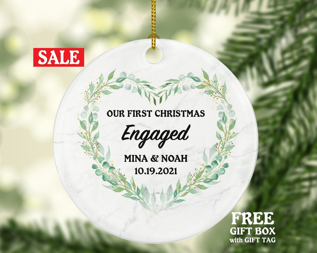First Christmas Engaged Personalized Ornament - Engagement Announcement Couple Gift - Greenery Heart