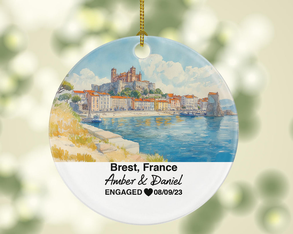 Personalized Brest France Christmas Ornament, Brest Castle, Oceanic Coastline, Mr & Mrs Wedding, Engagement, or Honeymoon Gift for Couples