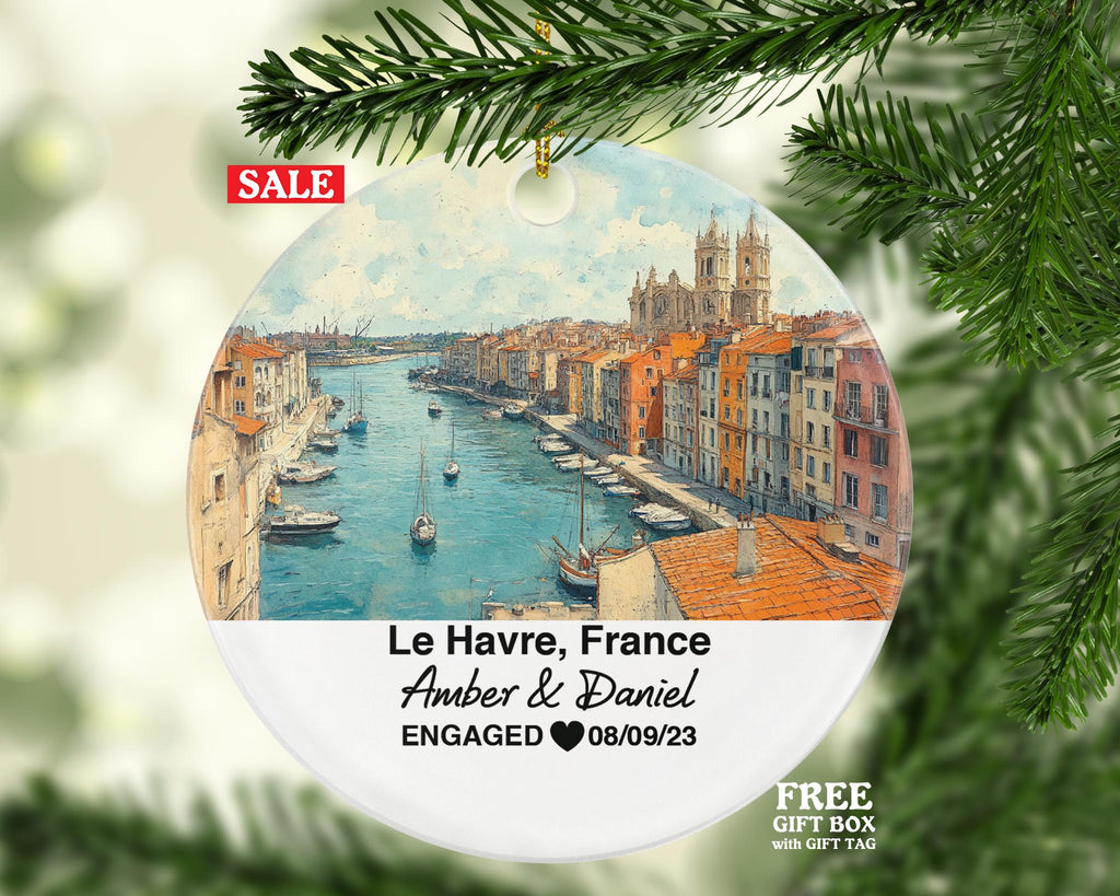 Personalized Le Havre France Christmas Ornament, Seaside Views, Mr & Mrs Wedding, Engagement, or Honeymoon Keepsake for Couples