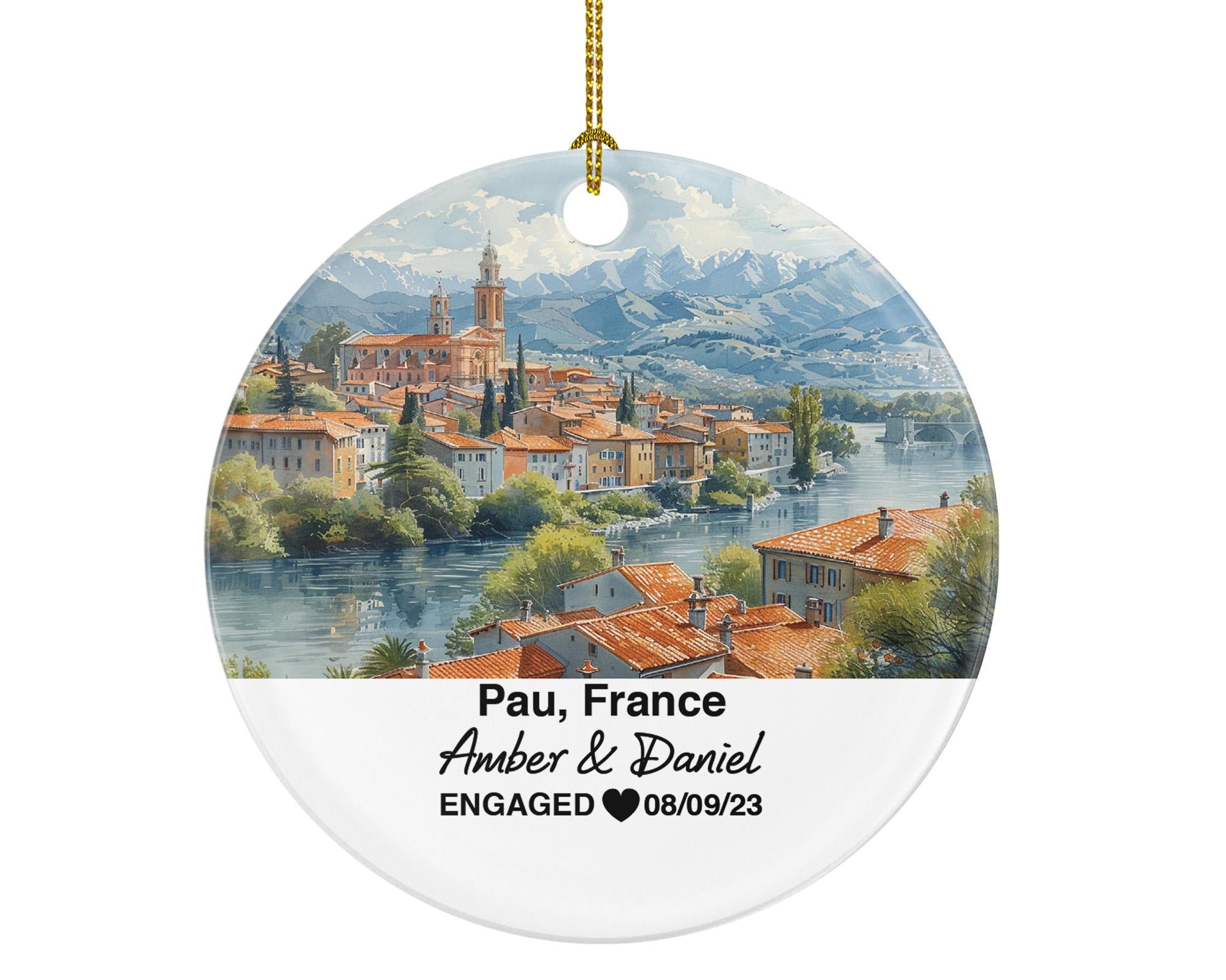 Personalized Pau France Christmas Ornament, Boulevard des Pyrénées, Mr & Mrs Wedding, Engagement, or Honeymoon Keepsake for Couples