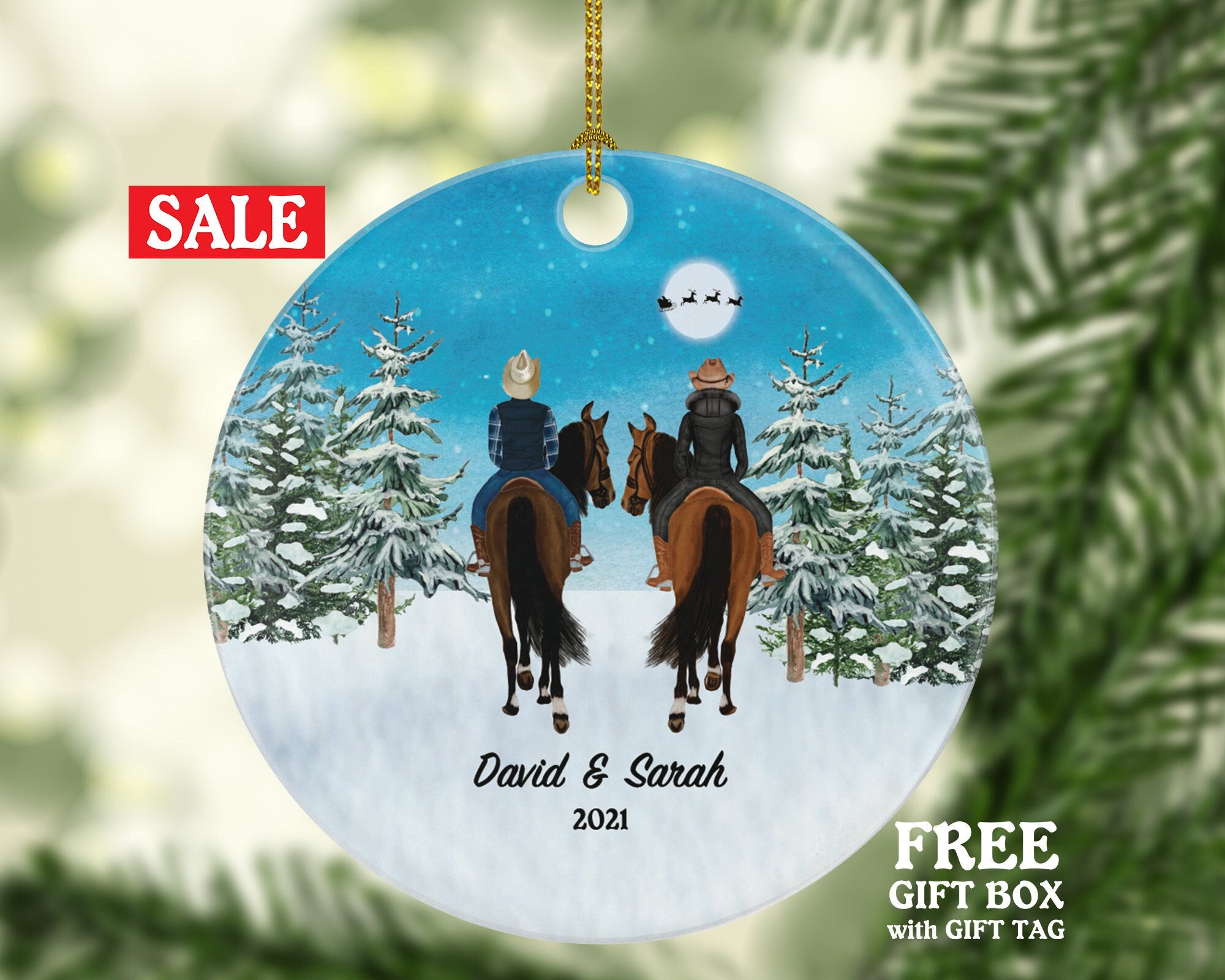 Riding a Horse Rider Christmas Ornament Personalized | Lover Gift on a Horse Male and Female Couple Custom Names Boy and Girl