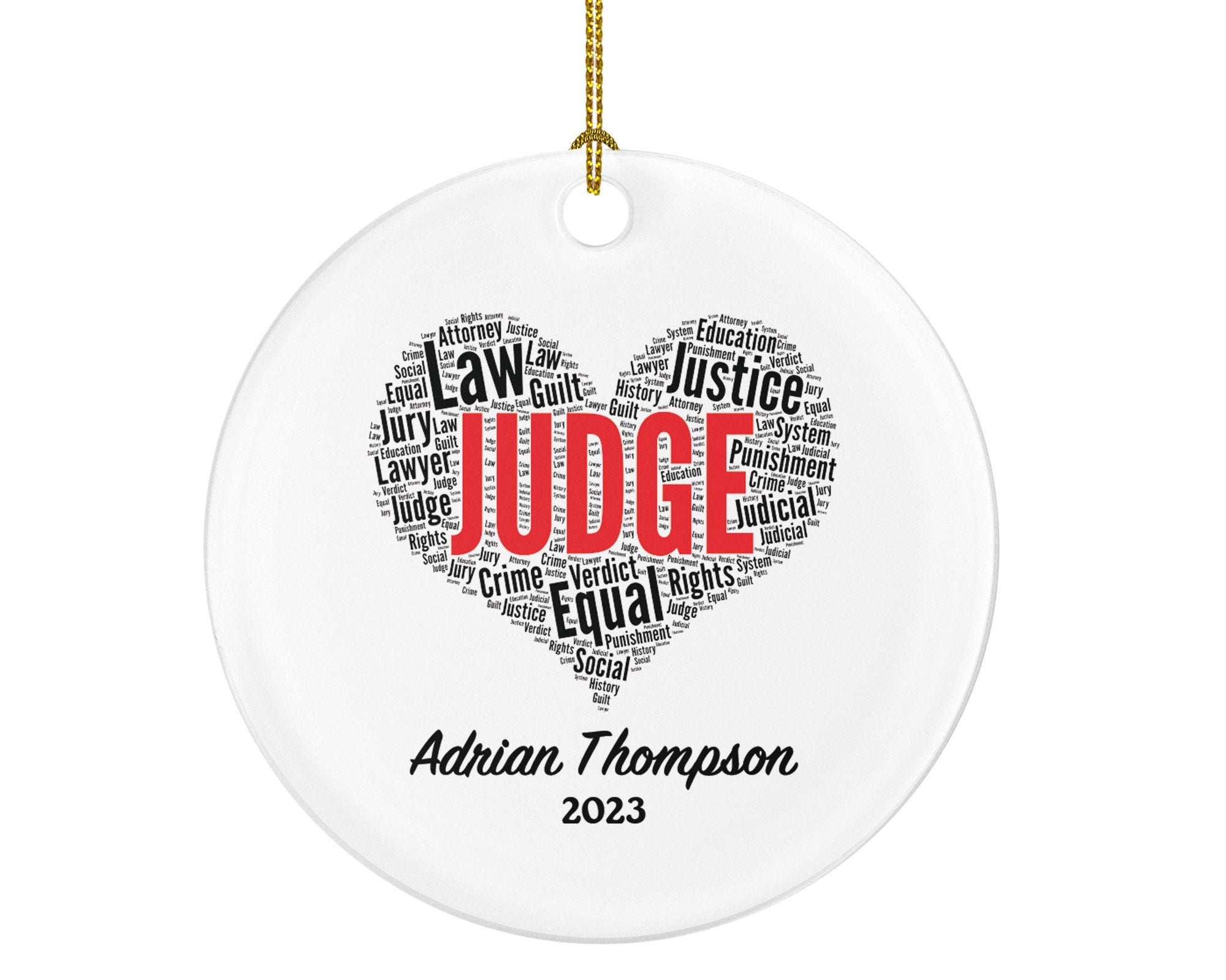 Personalized Judge Christmas Ornament, Custom Gift for Attorney at Law Lawyer Justice Equal Crime Word Art
