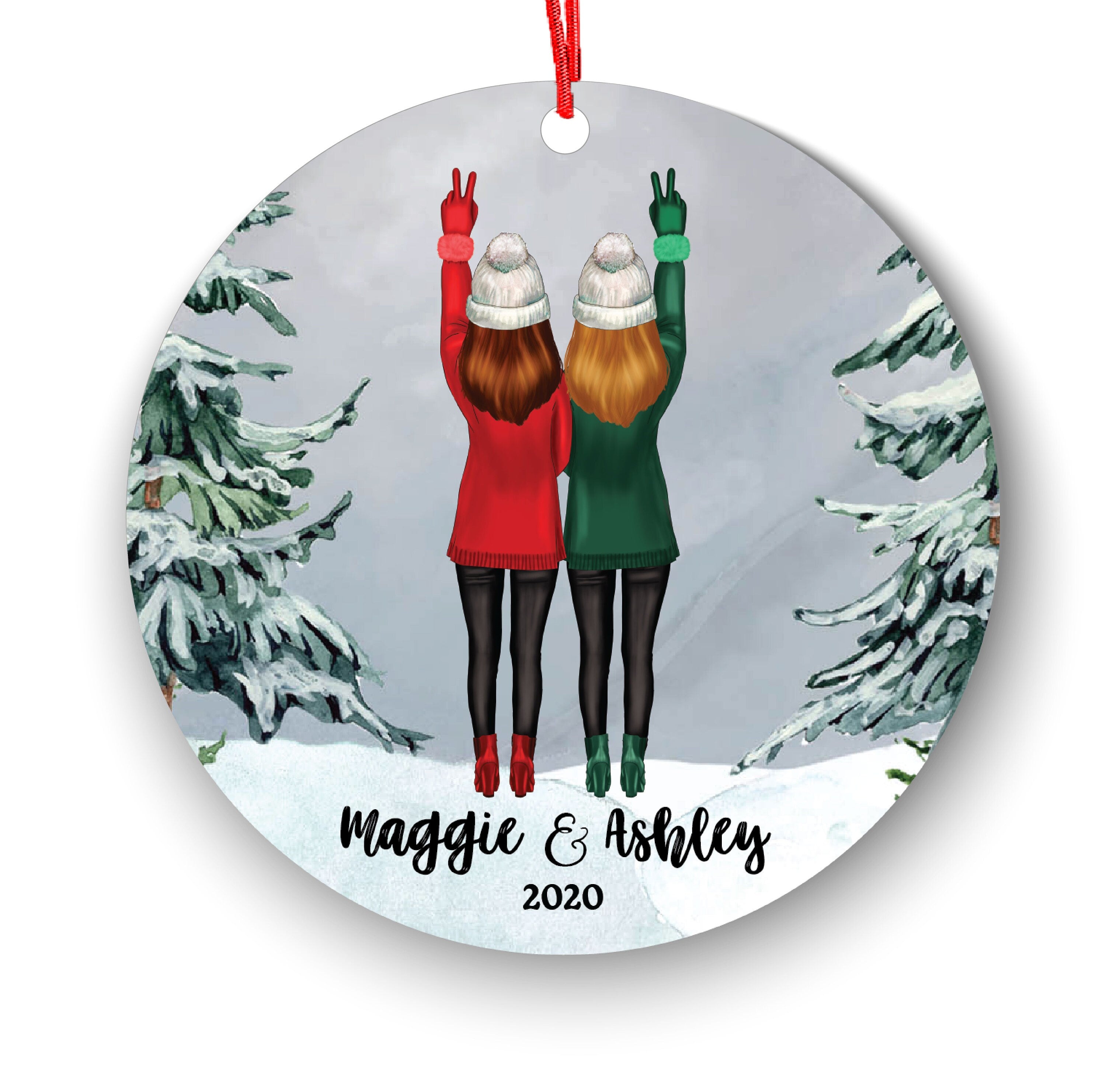 Soul Sisters for 2 Best Friends Christmas Ornament Personalized BFF Gift Custom Female Friends Besties Portrait Snow Forest Girl My Person