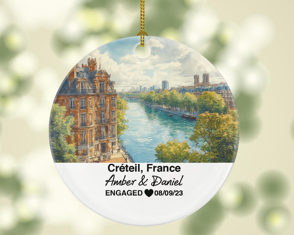 Personalized Creteil France Christmas Ornament, Creteil Cathedral, Mr & Mrs Wedding, Engagement, or Honeymoon Keepsake for Couples