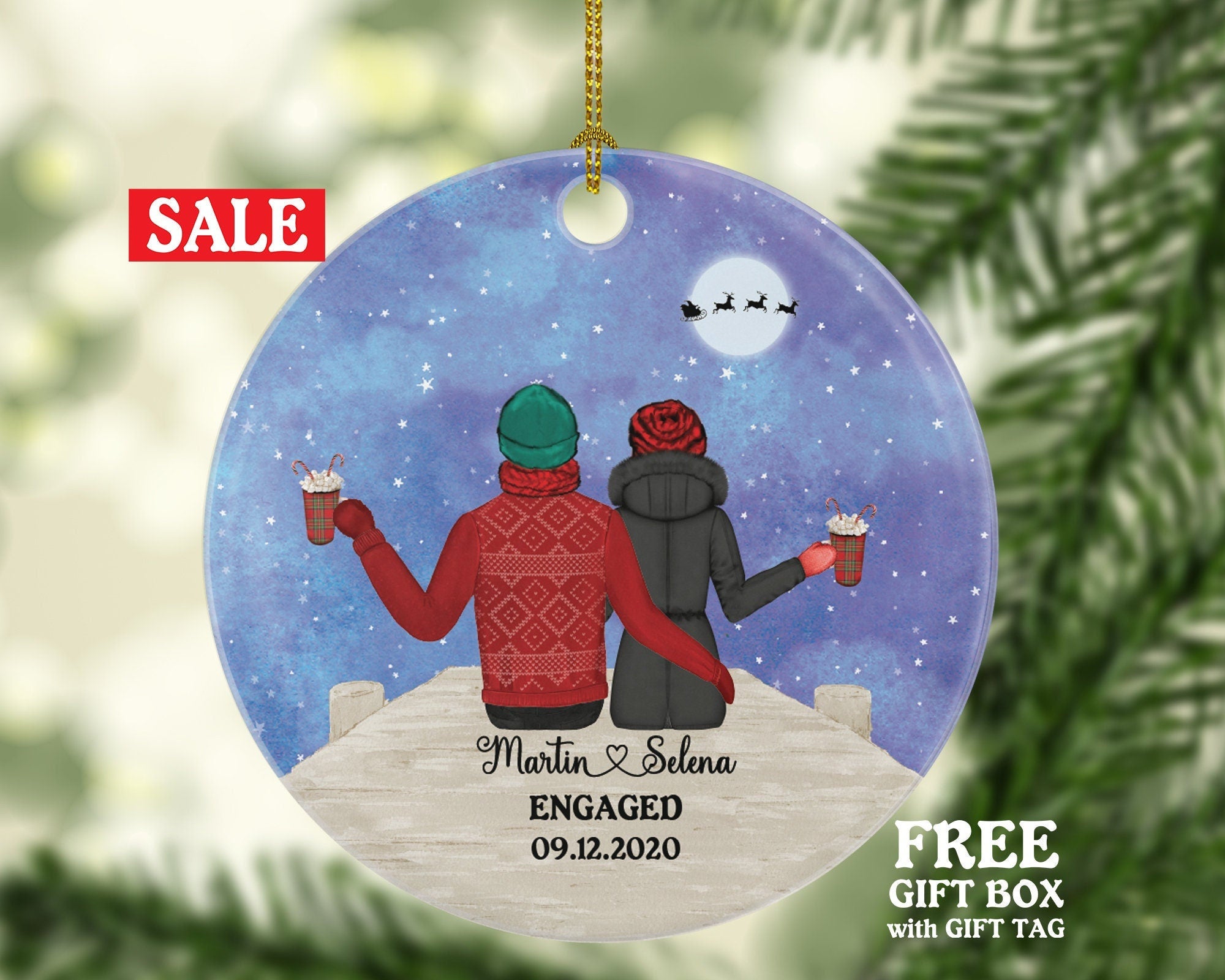 First Christmas Engaged Custom Ornament - Personalized Engagement Announcement Couple Gift - Custom Date Name - Future Husband Wife