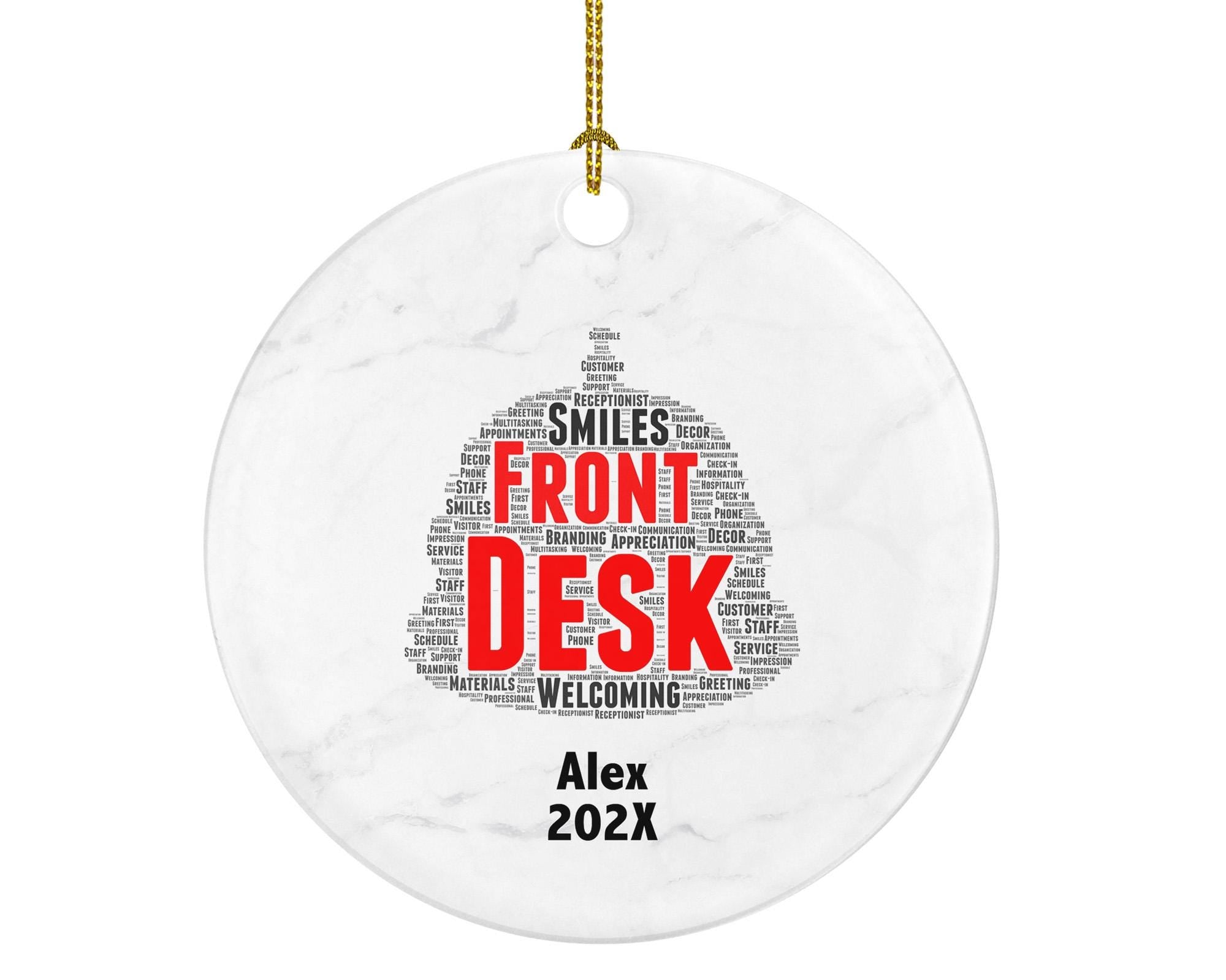 Front Desk Ornament, Receptionist Gift, Office Staff Appreciation, Custom Word Art Holiday Decoration, Ceramic Keepsake