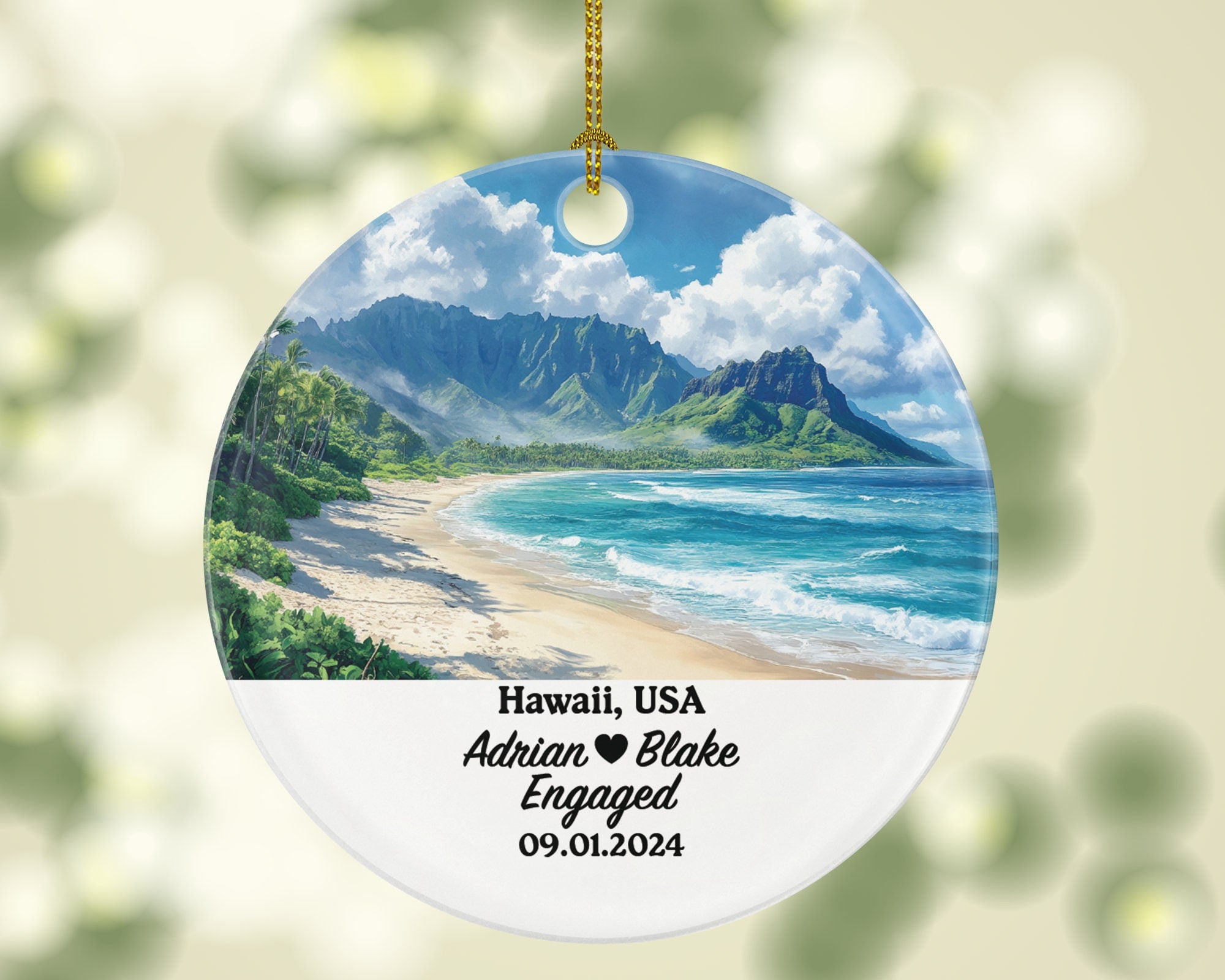 Hawaii Christmas Ornament Personalized - HI Engaged Married Family Together Couple Travel Honeymoon Engagement Marriage