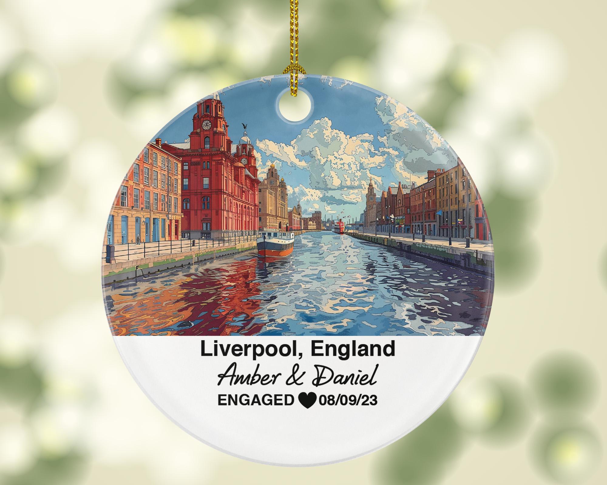 Liverpool England Round Ceramic Christmas Ornament – Personalized United Kingdom Keepsake, Custom Couple Gift for Wedding or Honeymoon