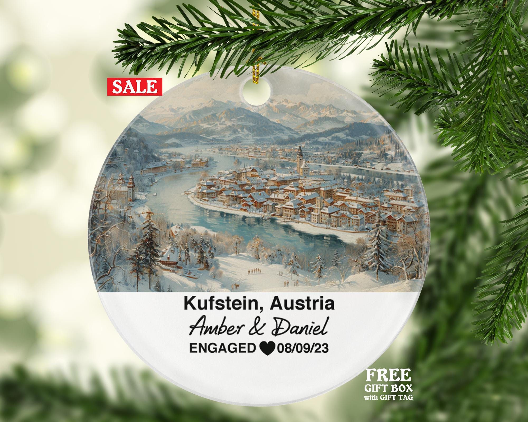 Custom Austria Kufstein Ornament – Personalized Kufstein Fortress, River Inn Keepsake, Couple Gift for Wedding or Honeymoon
