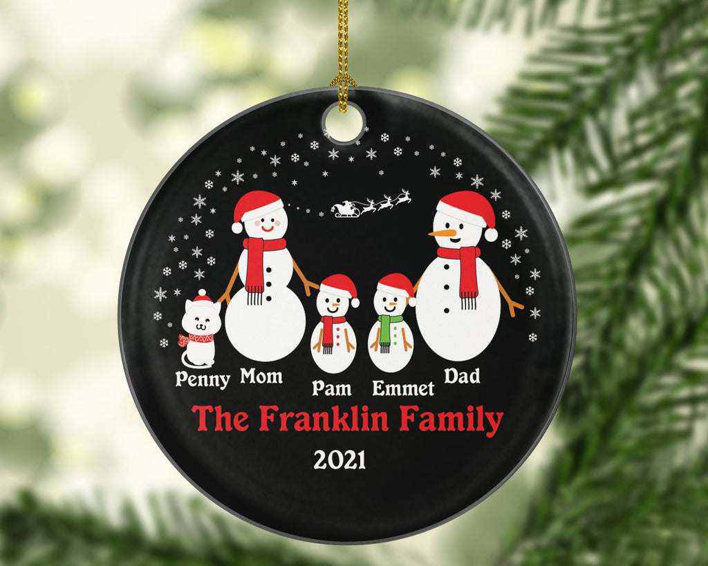 Personalized Family of 4 Ornament with Cat Pet, Personalized Snow Family of 4, Personalized Free, Family of 4 Christmas Ornament