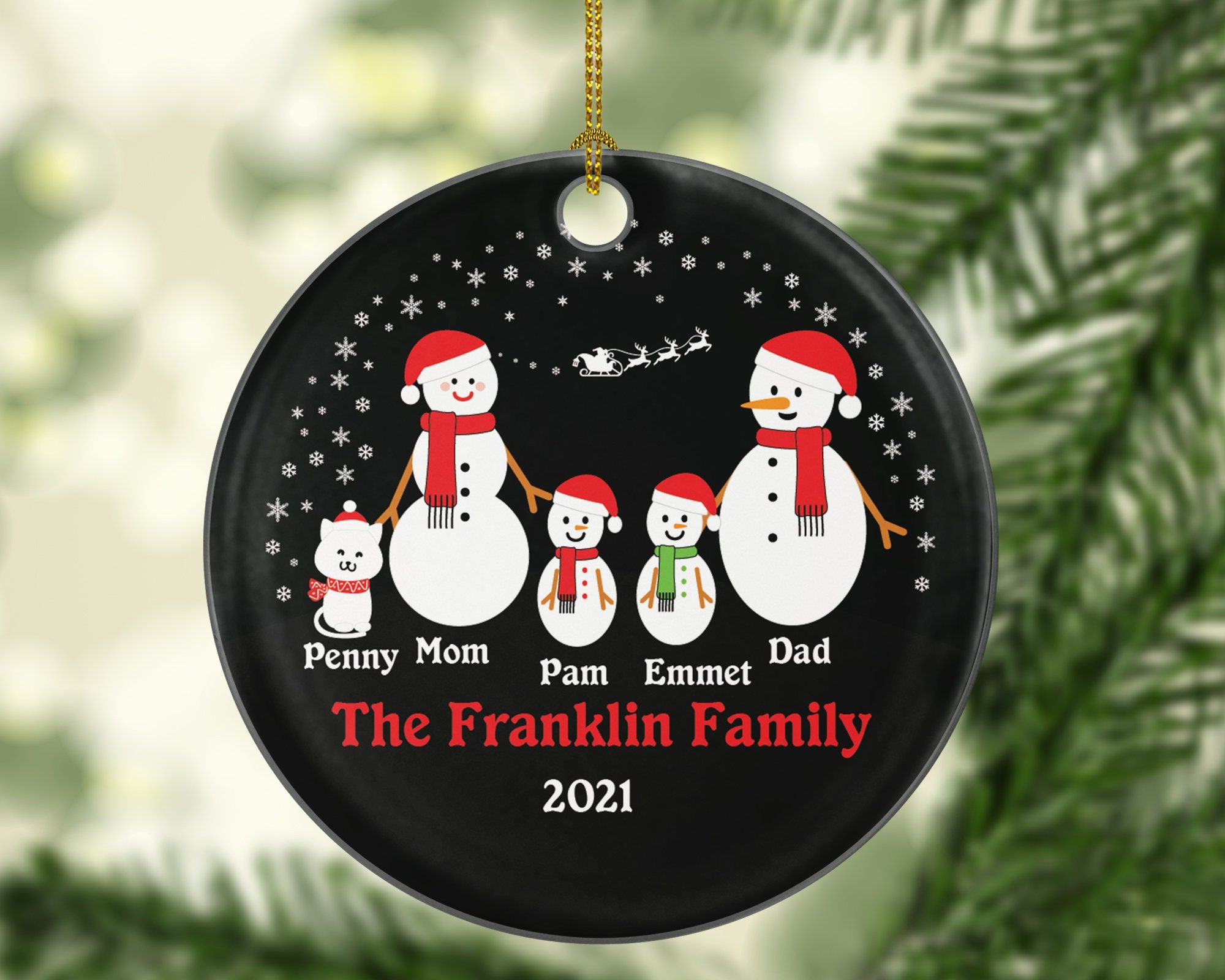 Personalized Family of 4 Ornament with Cat Pet, Personalized Snow Family of 4, Personalized Free, Family of 4 Christmas Ornament