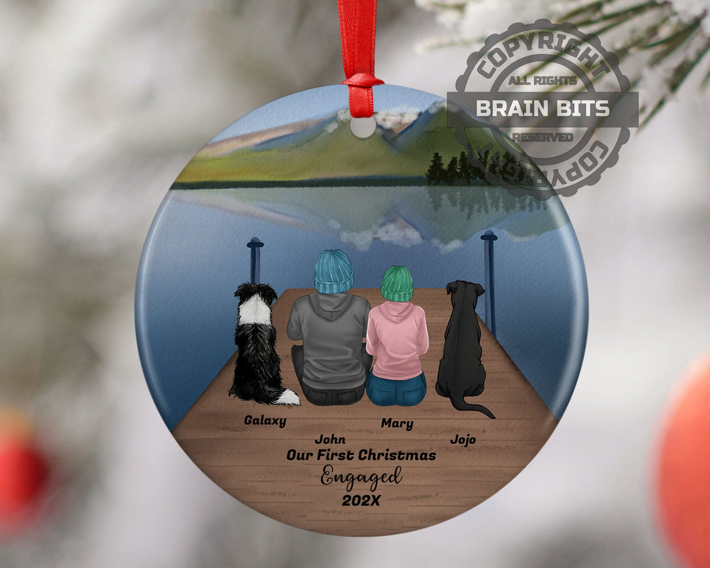 Personalized Engagement Christmas Ornament with Pet Custom Ceramic Keepsake for Couples Dog Cat Owners Engagement Holiday Gift Lake Scene