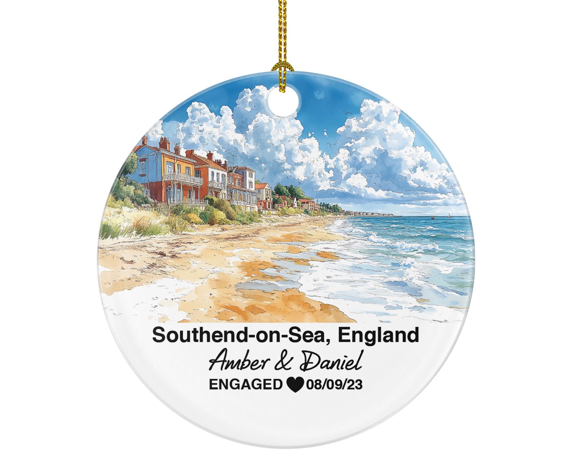 Southend-on-Sea England Round Ceramic Christmas Ornament – Personalized United Kingdom Keepsake, Custom Couple Gift for Wedding or Honeymoon