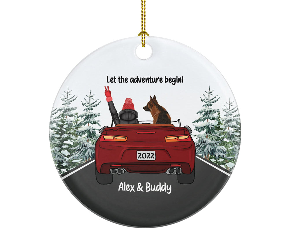 Dog and Female in Convertible Car Personalized Christmas Ornament New Driver Custom Pet Lover Owner Women Gift Fur Holiday Rescue