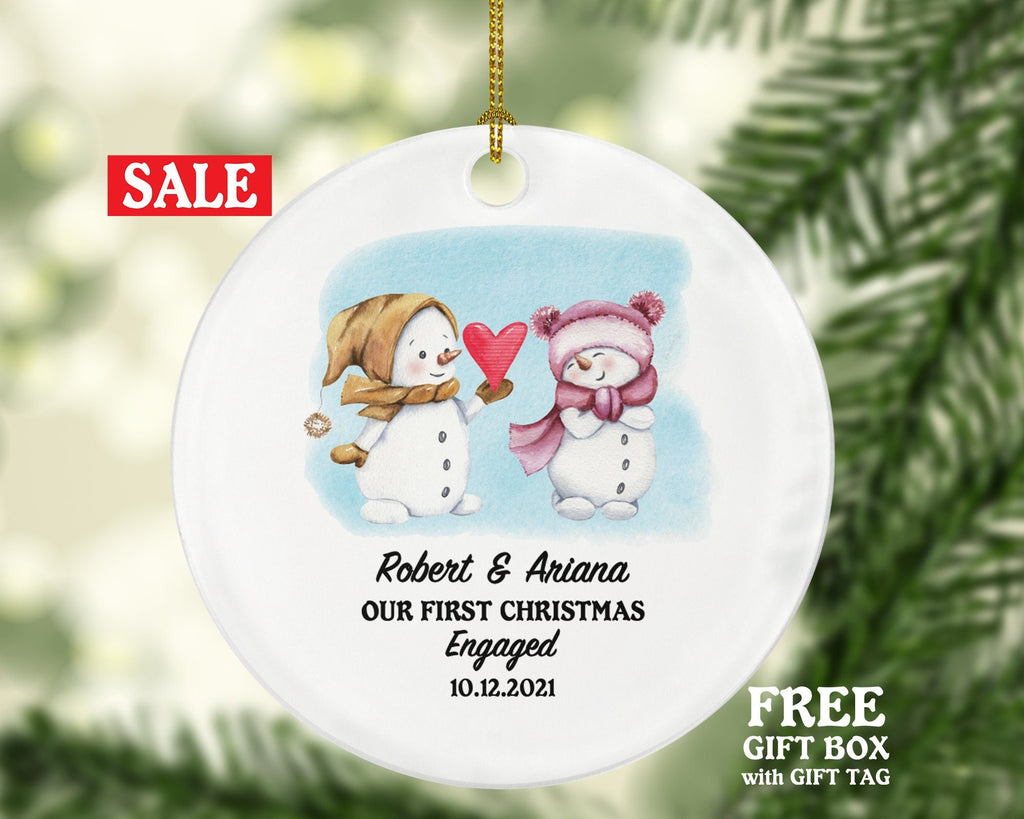 First Christmas Engaged Personalized Ornament - Engagement Announcement Couple Gift - Snowmen