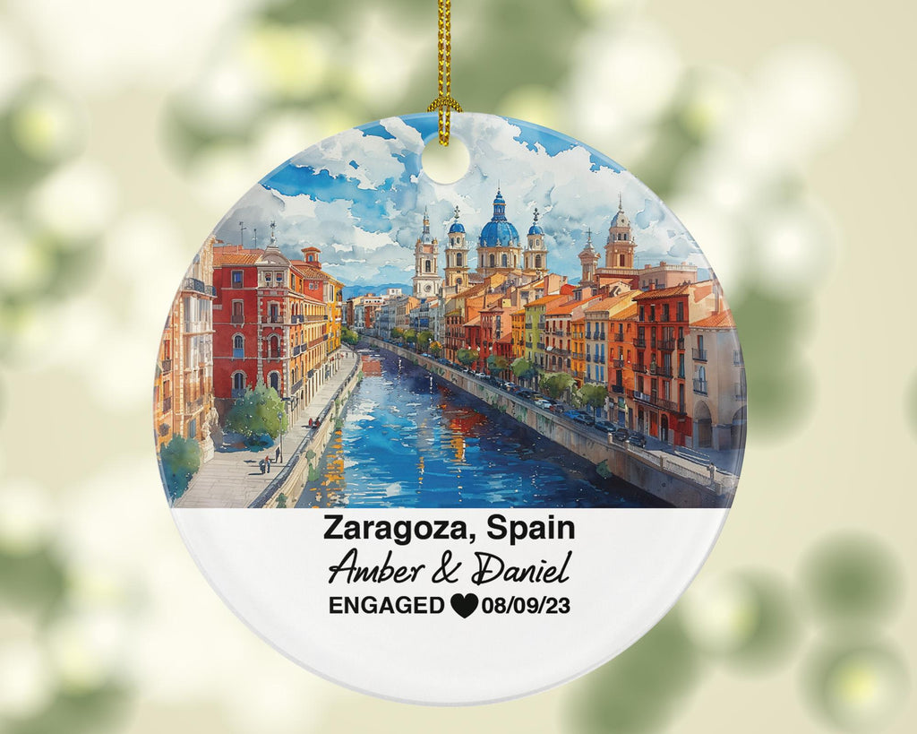 Zaragoza Spain Round Ceramic Christmas Ornament – Personalized Holiday Keepsake, Custom Couple Gift for Wedding or Honeymoon