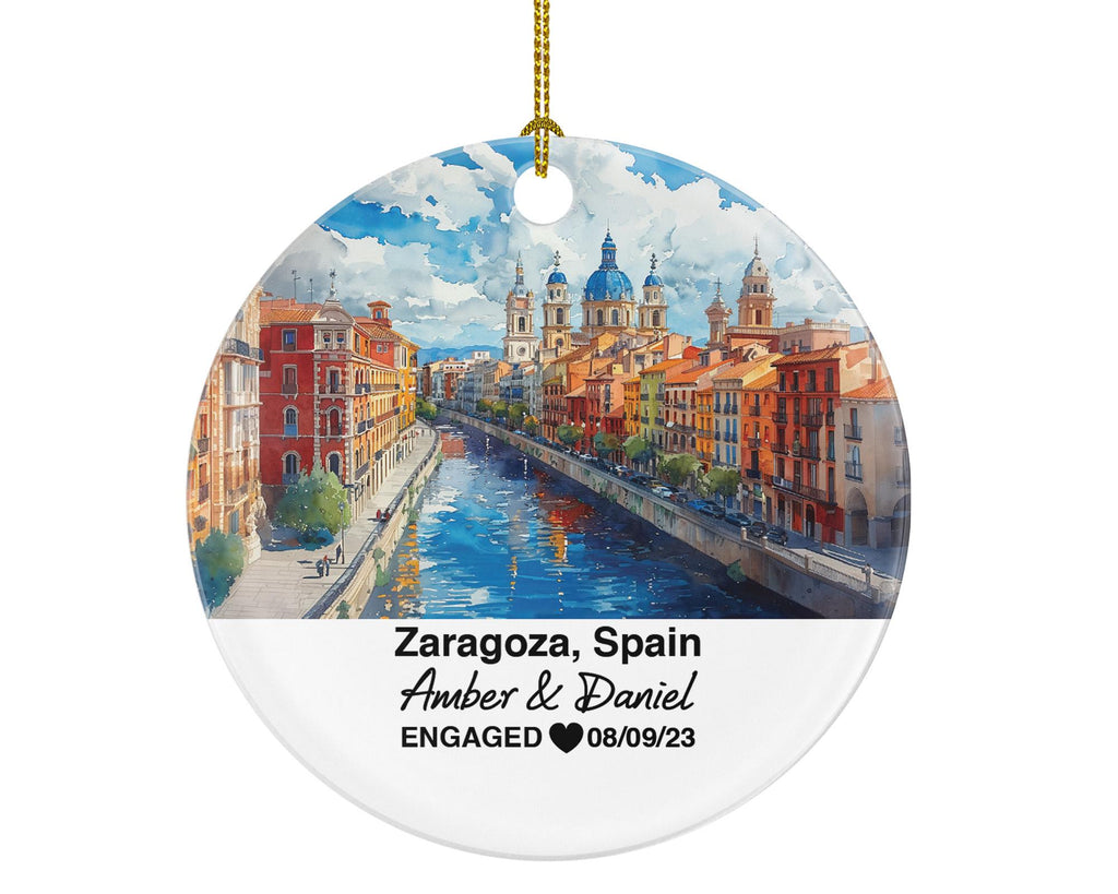 Zaragoza Spain Round Ceramic Christmas Ornament – Personalized Holiday Keepsake, Custom Couple Gift for Wedding or Honeymoon
