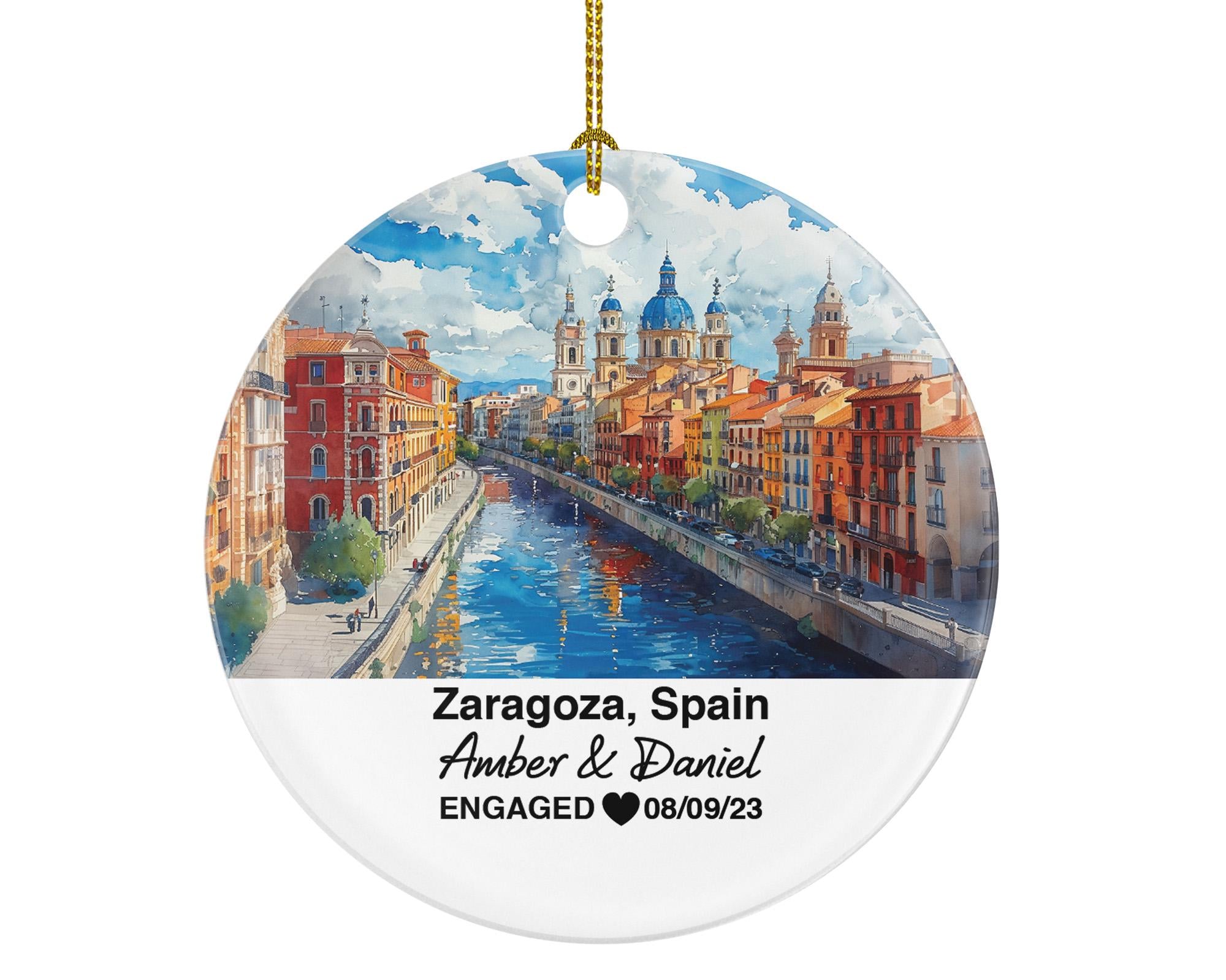 Zaragoza Spain Round Ceramic Christmas Ornament – Personalized Holiday Keepsake, Custom Couple Gift for Wedding or Honeymoon