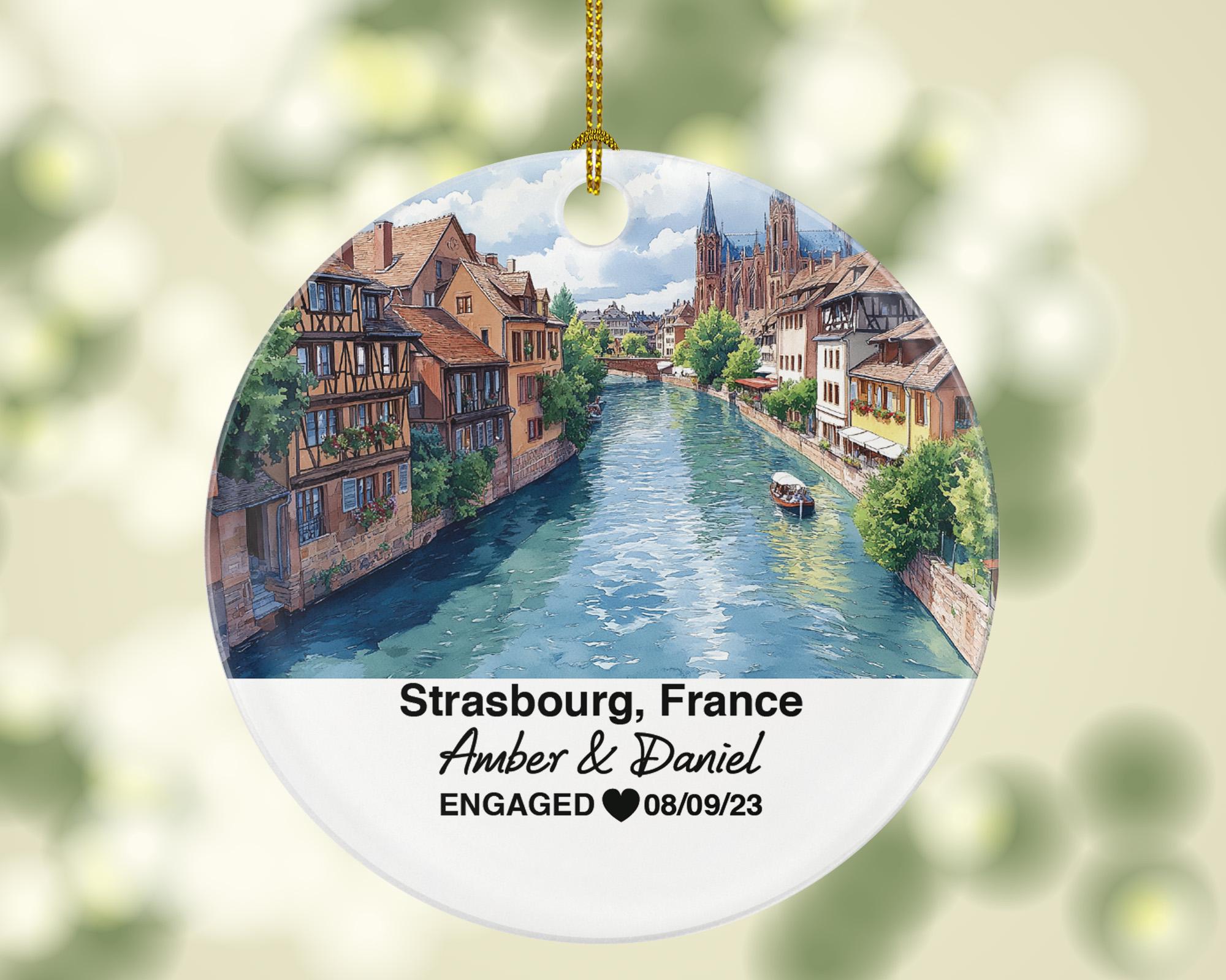 Personalized Strasbourg France Round Ceramic Christmas Ornament – Personalized Holiday Keepsake, Custom Couple Gift for Wedding or Honeymoon