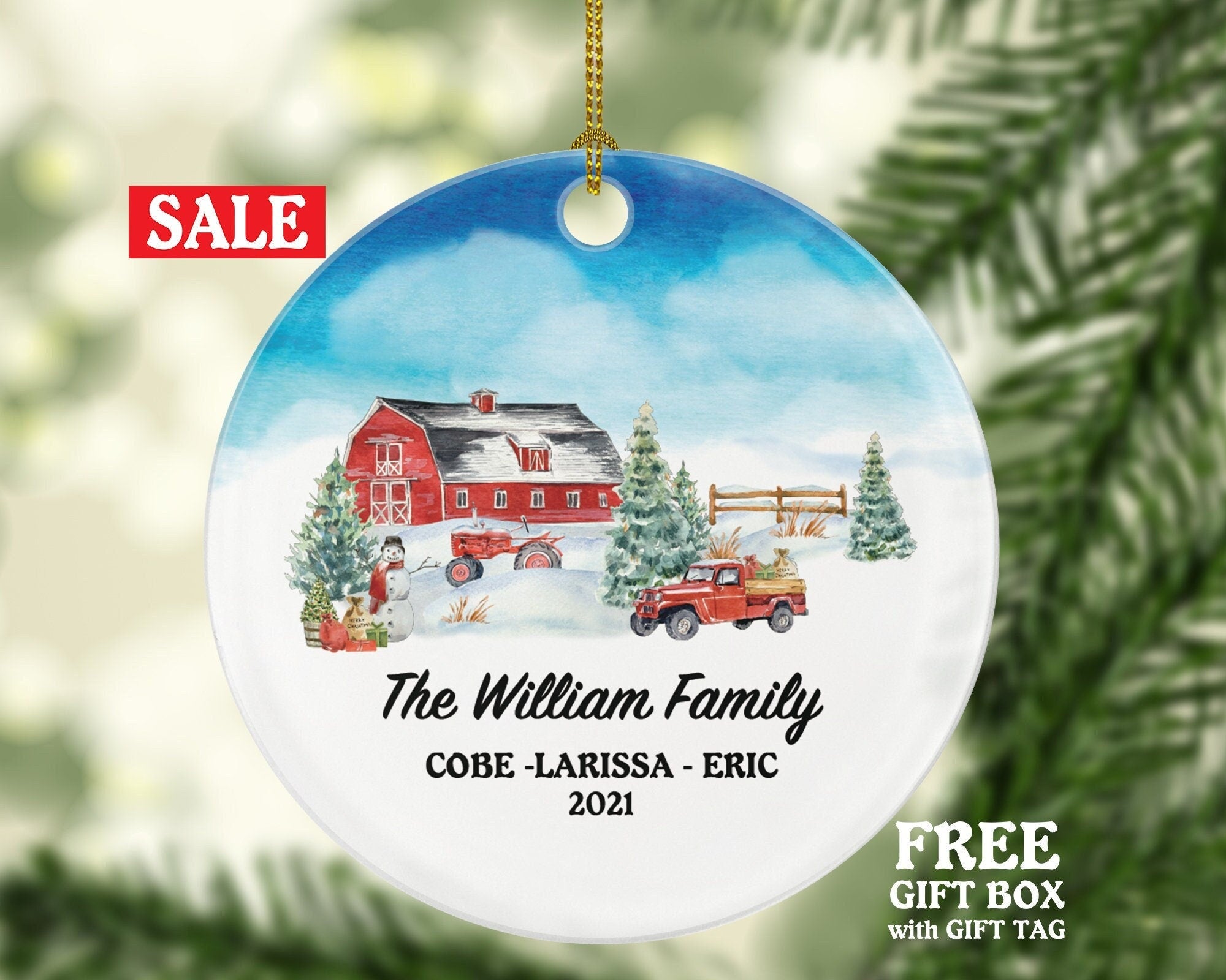Christmas Red Tractor Barn Farmer Family Ornament Farmhouse Decor Personalized Gift Farmer Home Kids Custom Names Watercolor Ornament Farm