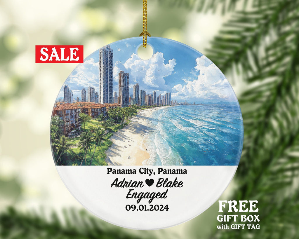 Panama City Christmas Ornament Personalized - Engaged Married Family Together Couple Travel Honeymoon Engagement Marriage