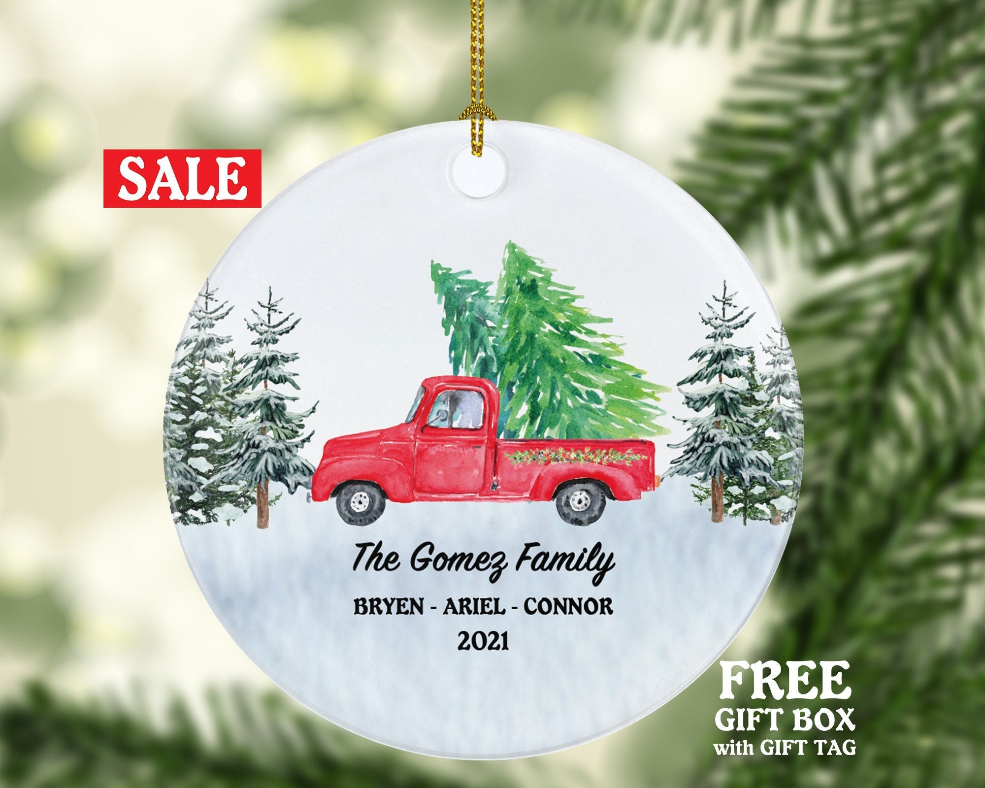 Personalized Red Pickup Truck Family Christmas Ornament - Vintage Red Pick up Car Gift Custom Ornament With Name Road Trip - Farmhouse Decor
