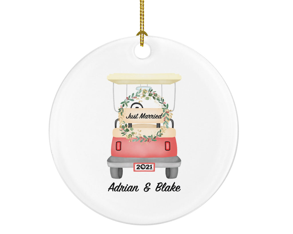 Just Married Newlywed Christmas Ornament Personalized for Golf Lovers - Wedding Gift Golf Cart First Christmas Mr & Mrs