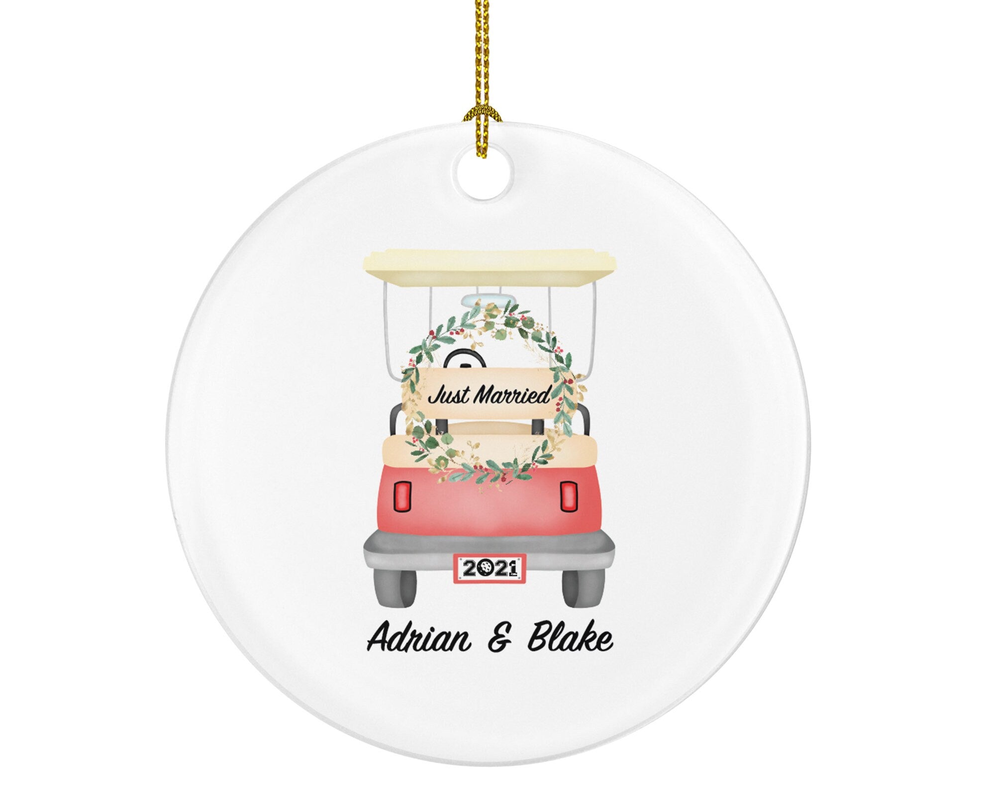 Just Married Newlywed Christmas Ornament Personalized for Golf Lovers - Wedding Gift Golf Cart First Christmas Mr & Mrs