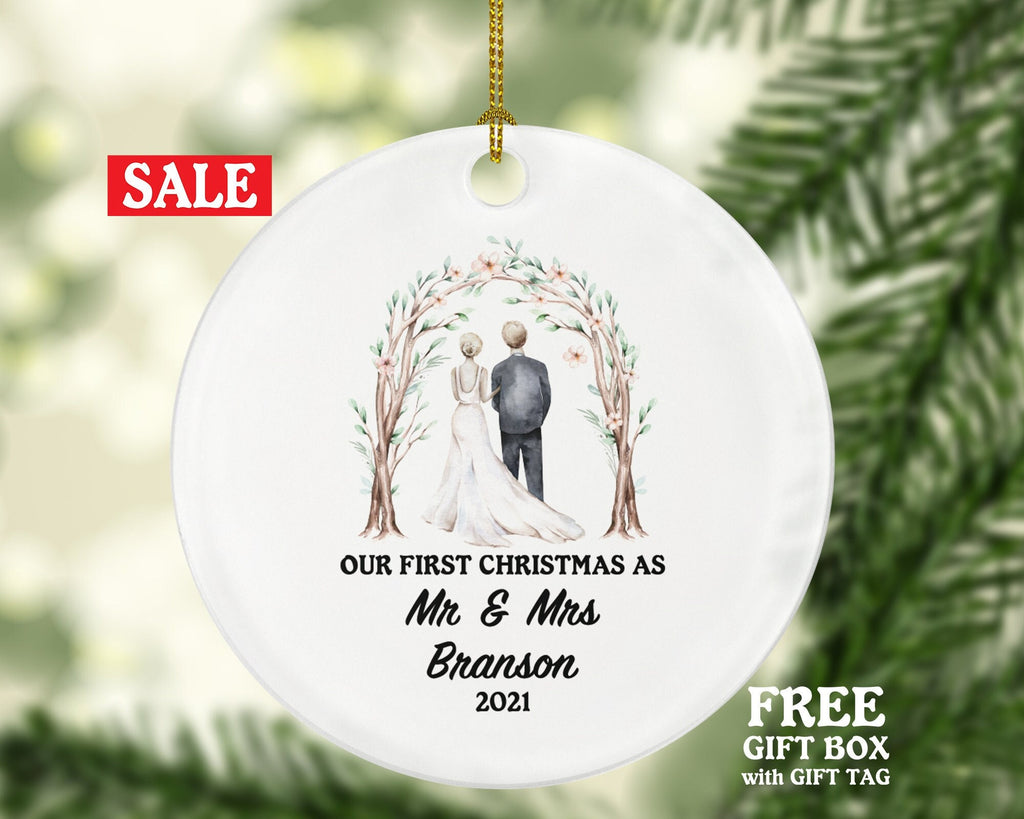 Our First Christmas as Mr & Mrs Wedding Couple Christmas Ornament Personalized - Newlywed Married Couple First Gift - Bride Groom