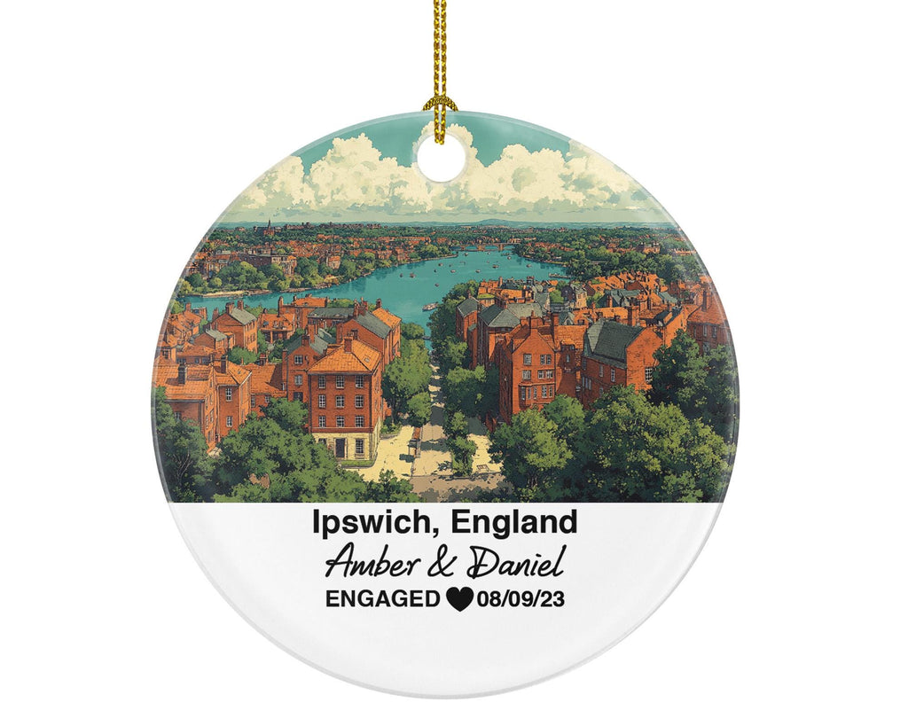 Ipswich England Round Ceramic Christmas Ornament – Personalized Riverside Views Keepsake, Custom Couple Gift for Wedding or Honeymoon