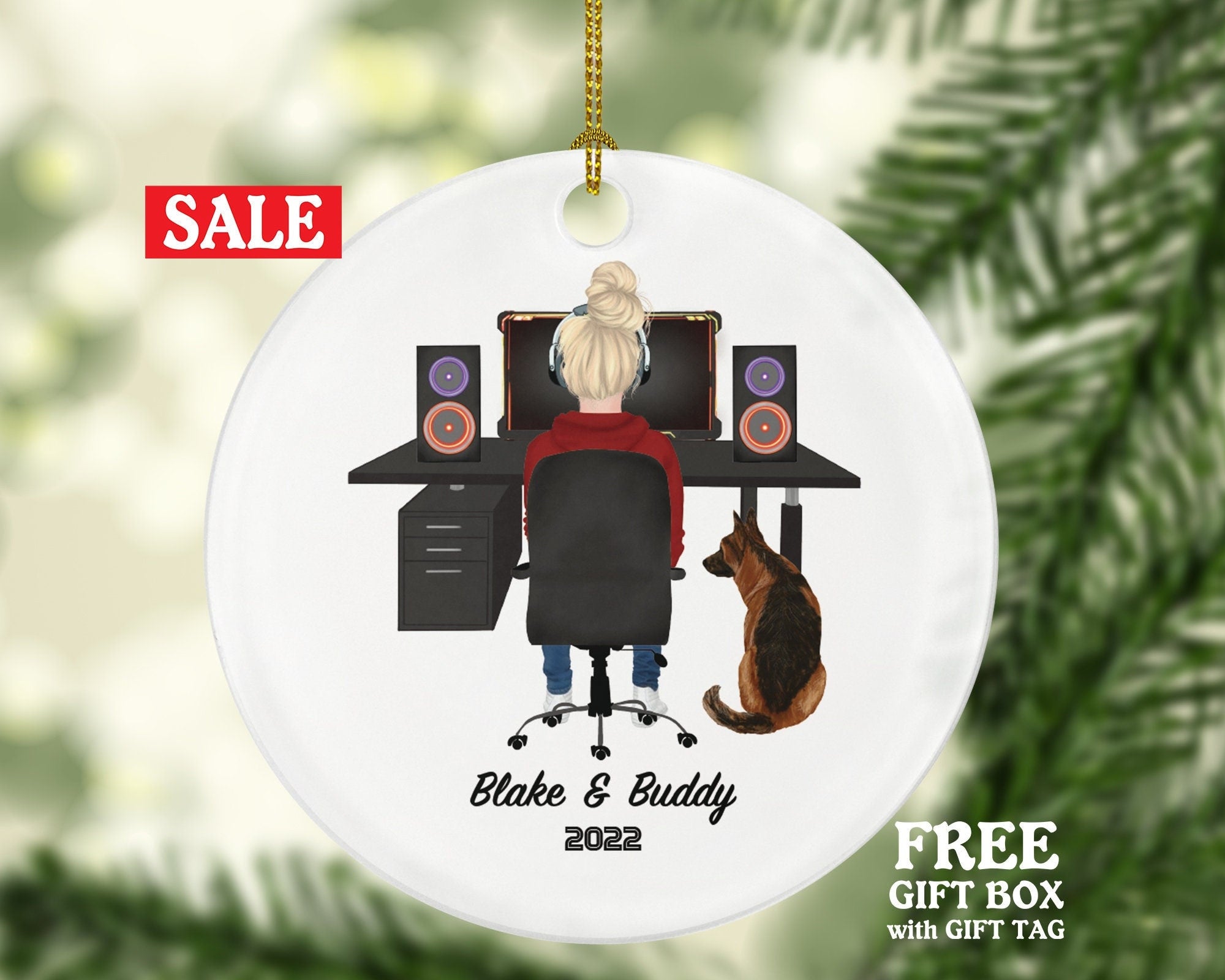 Computer User Female and Pet Dog Cat Christmas Ornament - Video Game Player Engineer Personalized Playing Gamer - Working from Home Girl