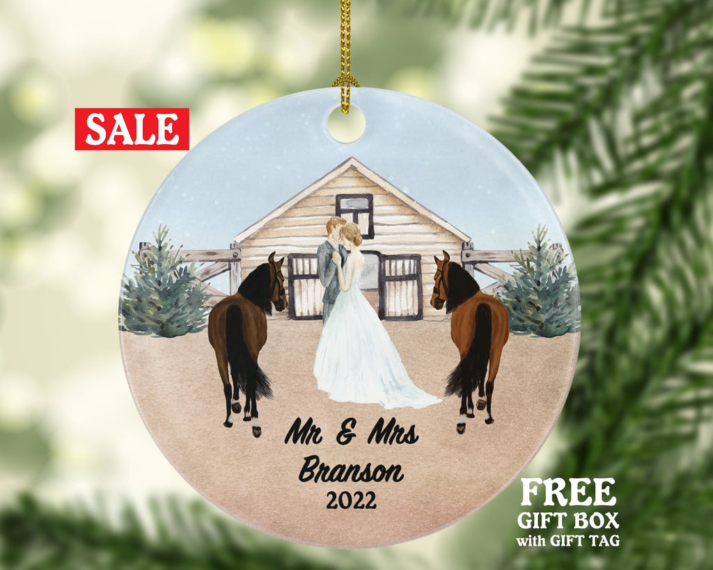 Married Couple with Horse Ranch Farm Wedding and Mr & Mrs Ornament Personalized Newlywed First Christmas as Mr. and Mrs. Wedding Custom Gift