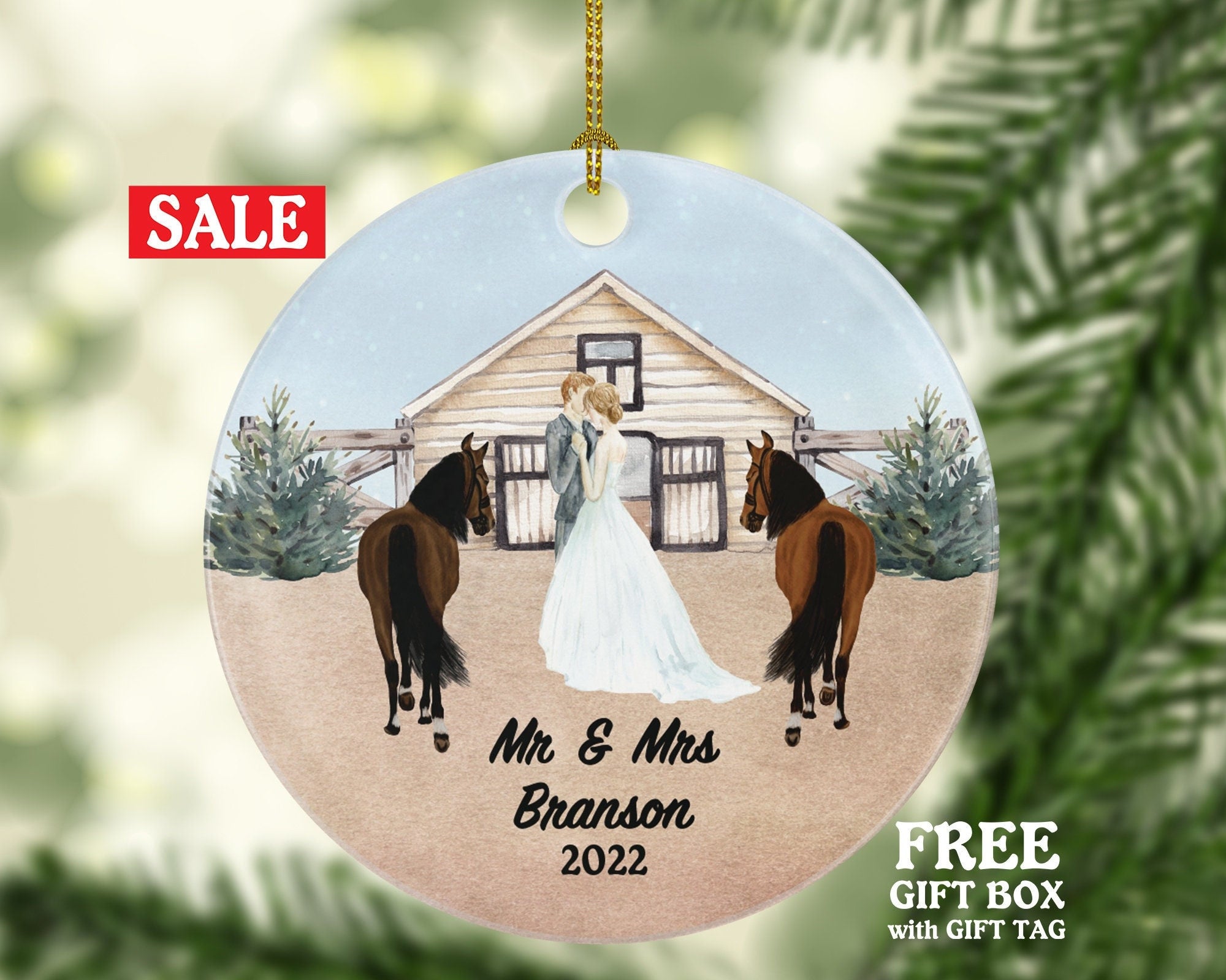 Married Couple with Horse Ranch Farm Wedding and Mr & Mrs Ornament Personalized Newlywed First Christmas as Mr. and Mrs. Wedding Custom Gift