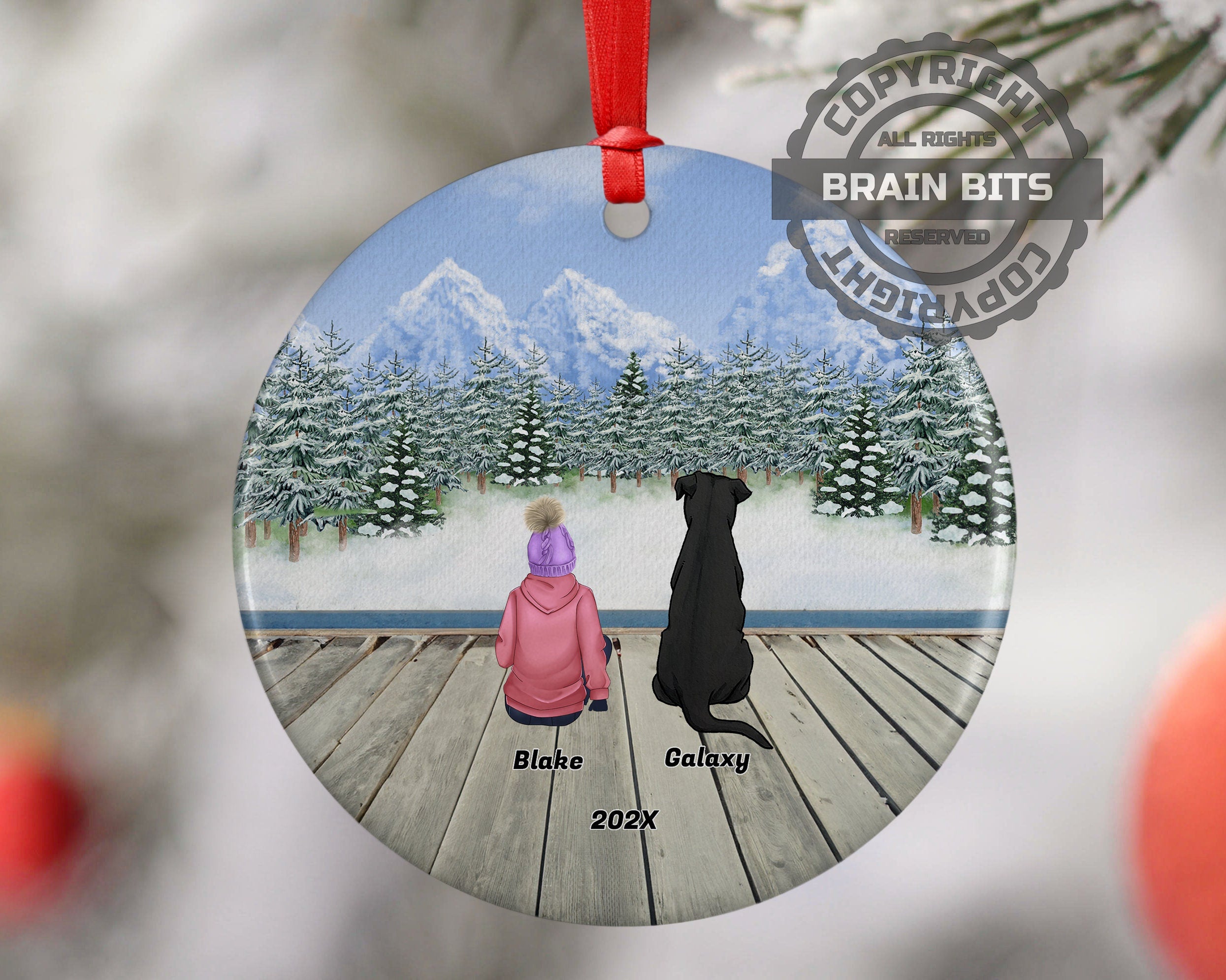 Personalized Pet Girl Daughter Kid Child Grandchild Granddaughter Christmas Ornament Custom Ceramic Dog Cat Owners Holiday Gift Winter Scene