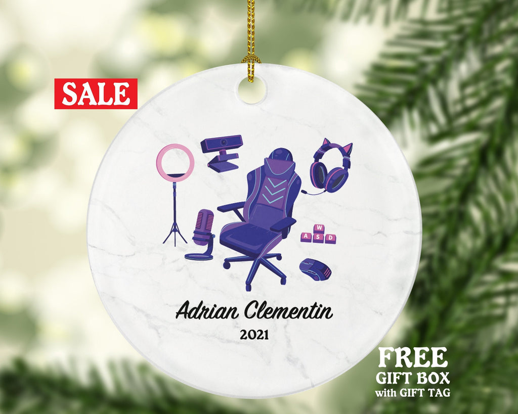 Professional Video Game Player Gamer Christmas Ornament Personalized, Playing Game Equipment for Female Girl Controller Addict