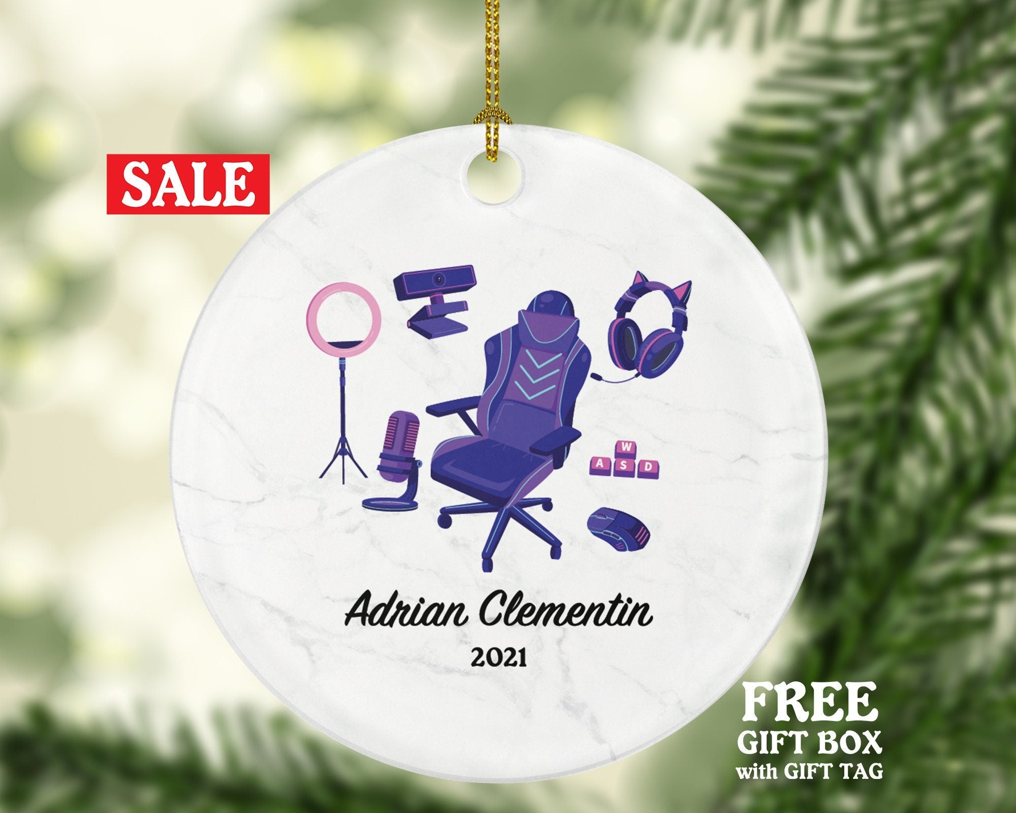 Professional Video Game Player Gamer Christmas Ornament Personalized, Playing Game Equipment for Female Girl Controller Addict