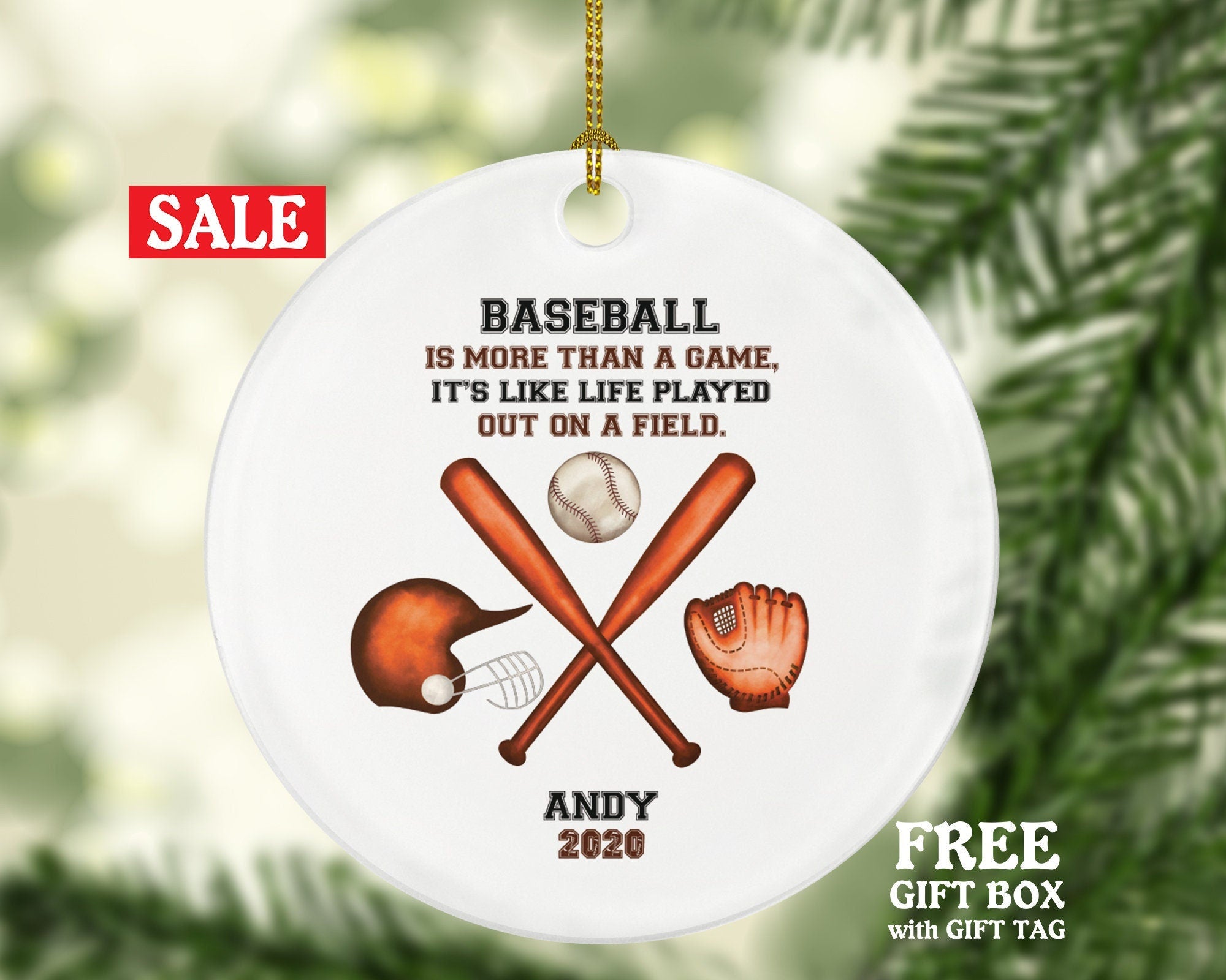 Personalized Baseball Christmas Ornament - Player Gamer Sports Decorations Hobby Occupation Custom Gift Helmet Gloves Boys Girls Play Game