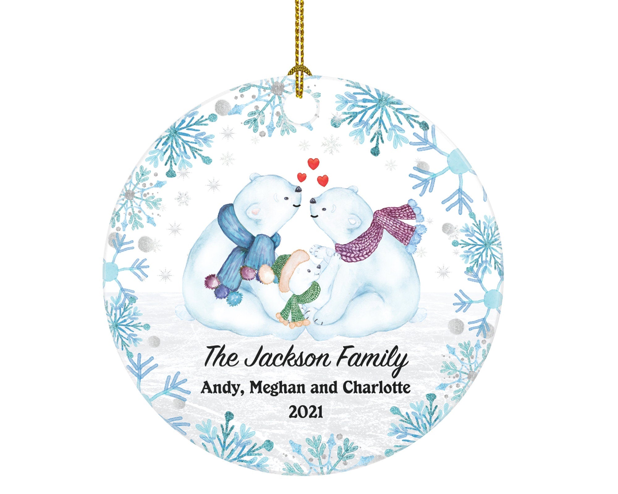 Family of 3 Personalized Ornament - First Christmas Bear New Baby Girl Boy Parents Mother Father Mom Dad Gift Kid Child