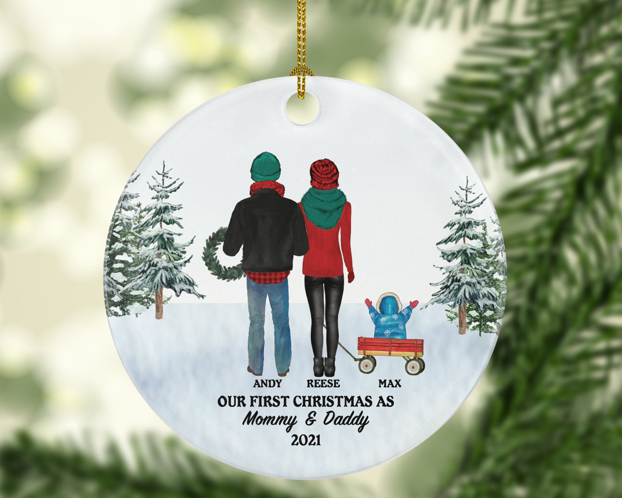 Our First Christmas as Mommy and Daddy Ornament - New Baby Girl Boy Parents Mother Father Mom Dad Gift Portrait Kid Child Infant Family of 3