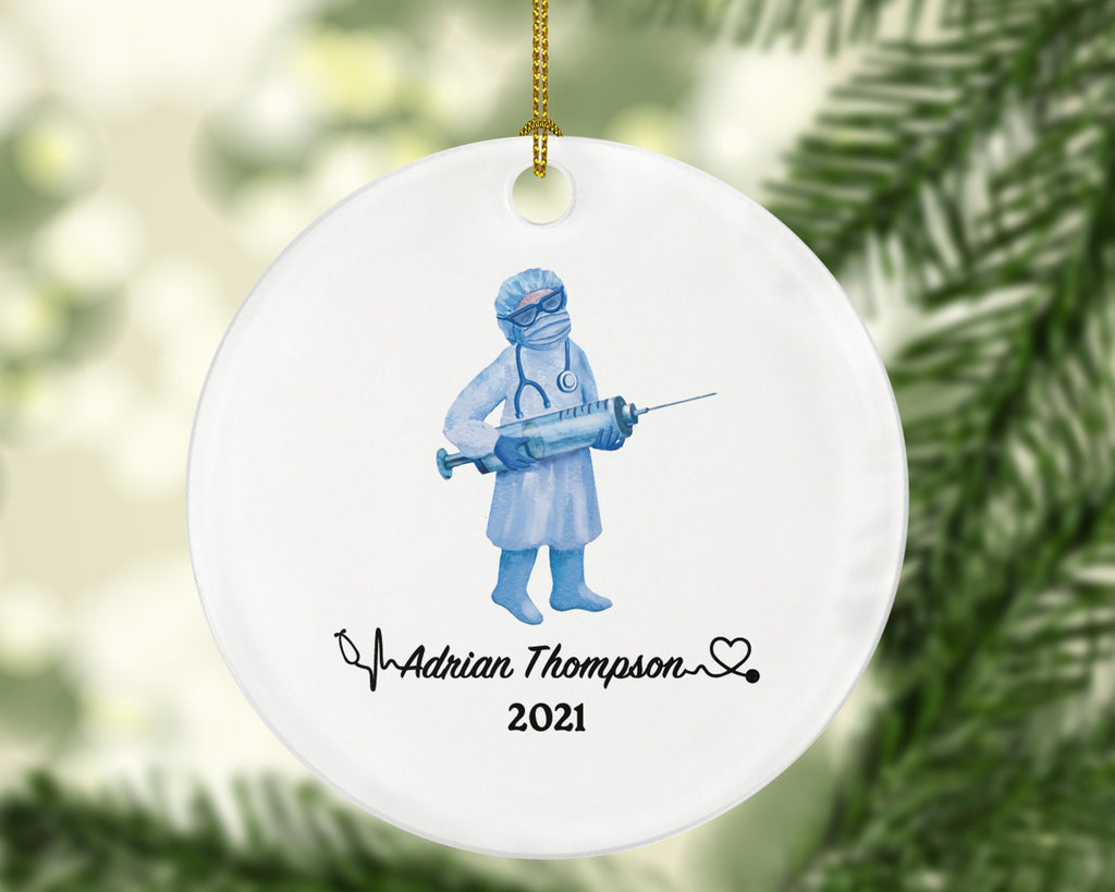 Doctor with Vaccine Christmas Ornament Personalized - Medical Doctor Health Worker Gift from Patient for Physician Practitioner MD