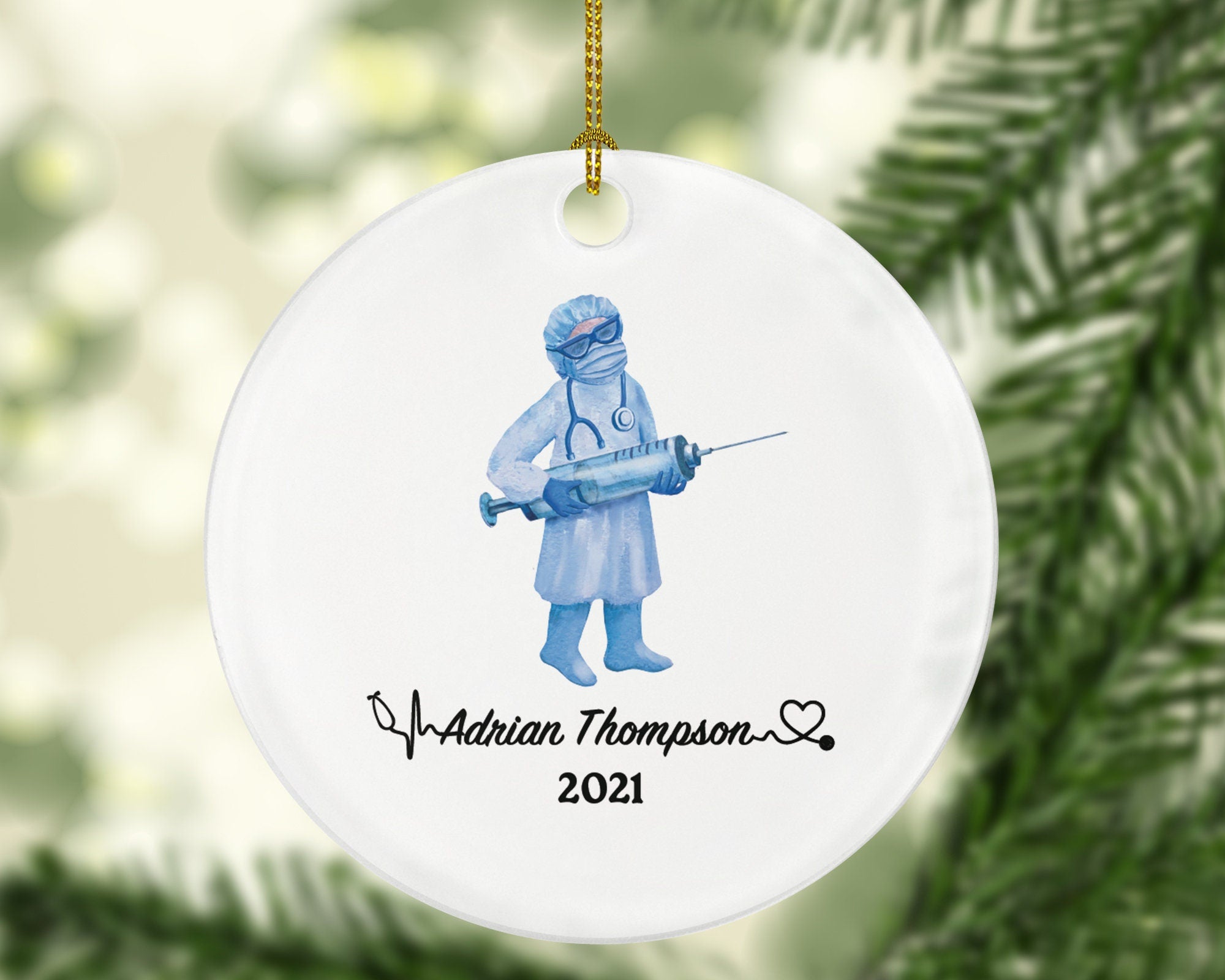 Doctor with Vaccine Christmas Ornament Personalized - Medical Doctor Health Worker Gift from Patient for Physician Practitioner MD