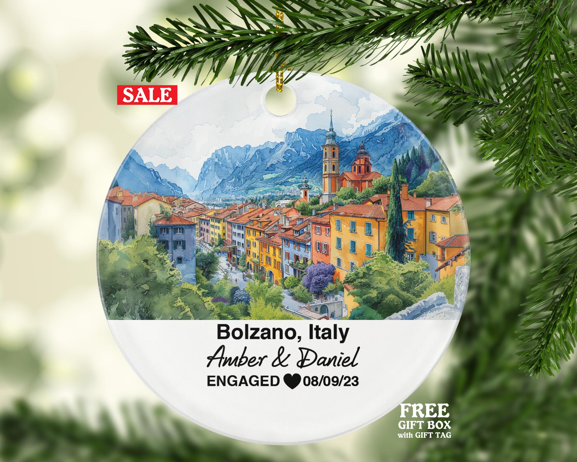 Personalized Bolzano Italy Christmas Ornament, Medieval Architecture, Wedding, Engagement, Mr & Mrs or Honeymoon Keepsake for Couples