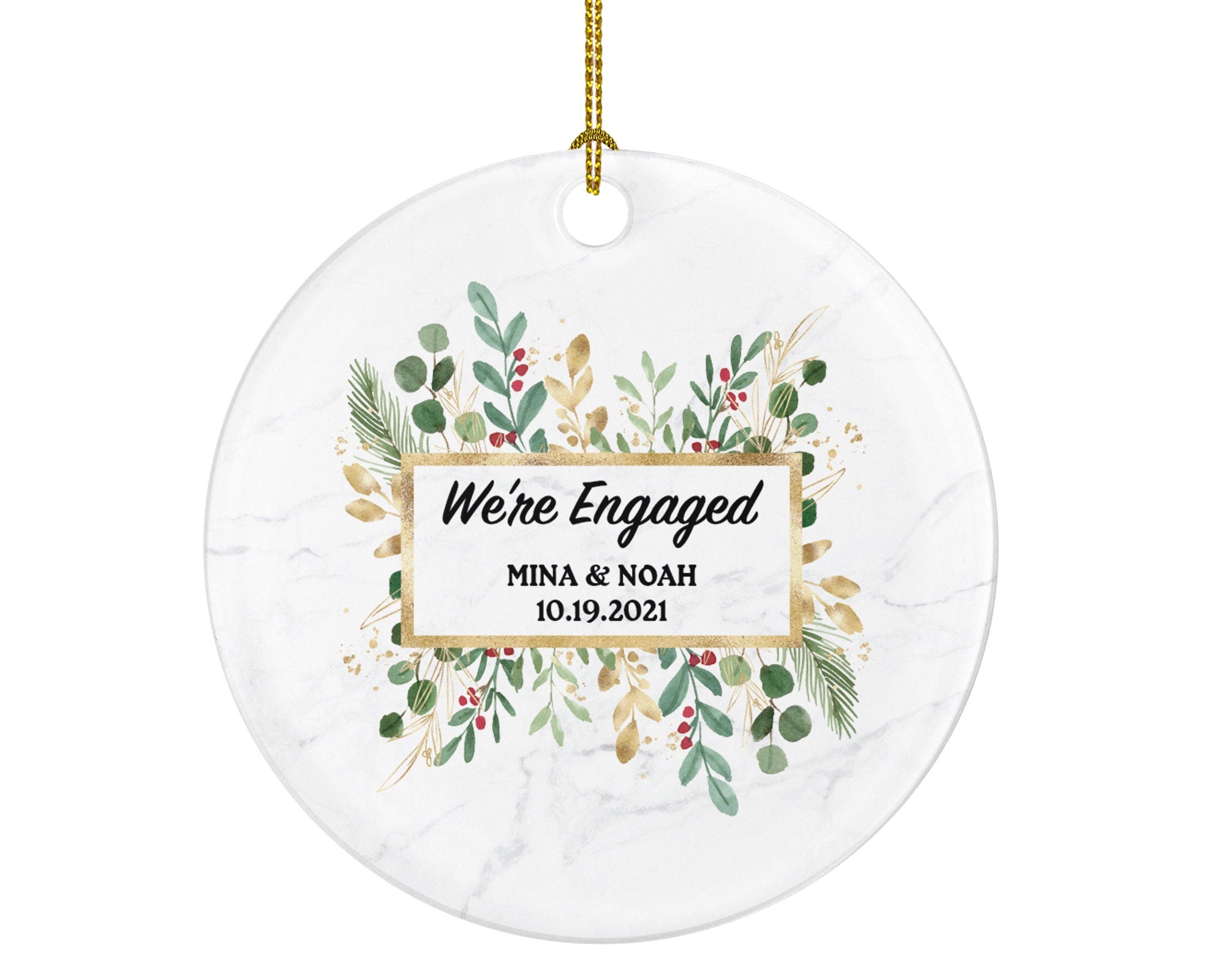 We're Engaged  Christmas Ornament Personalized - Engagement Announcement First Christmas Couple Gift - Greenery Frame