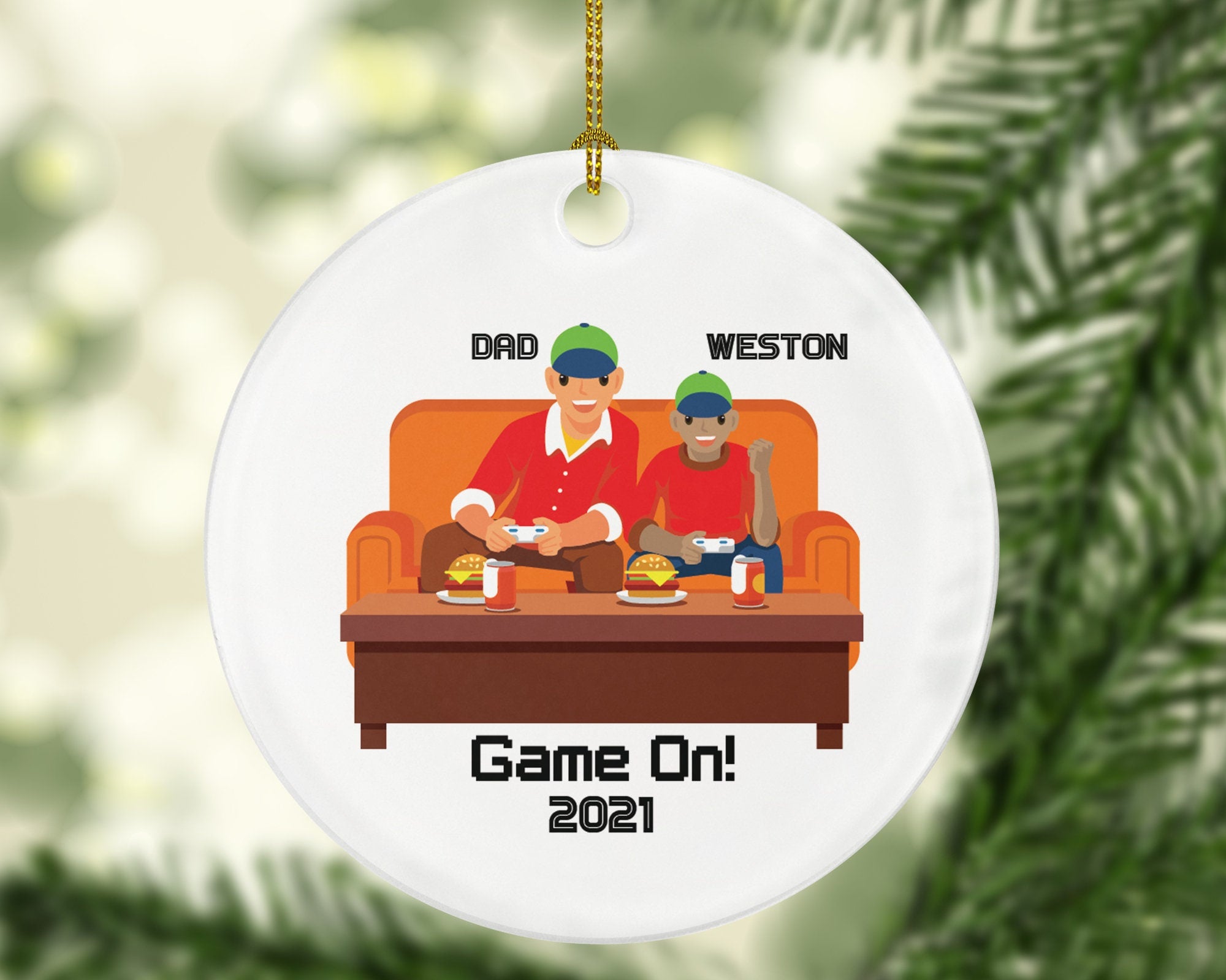 Personalized Playing Video Game Player Father Son Dad Boy Christmas Ornament for Tree Gamer Boy Controller Addict